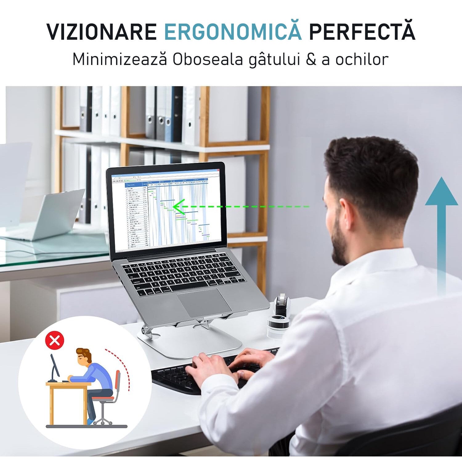 Suport Laptop Ergonomic, cu Sistem de Ventilatie prin Cooler, 3 viteze, Portabil, Stand Reglabil pe Inaltime, pentru Laptop – imaginea 2