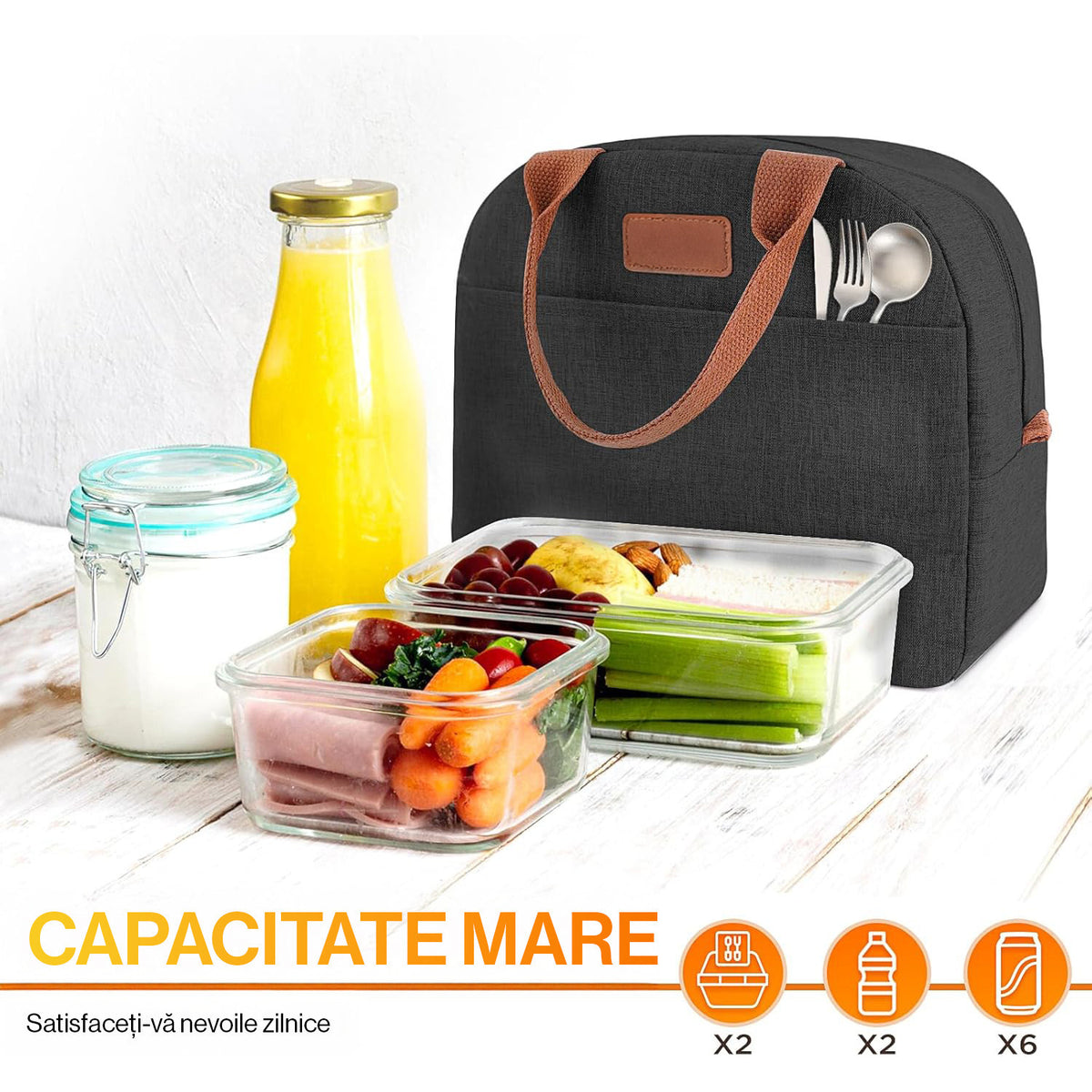 Geanta termoizolanta pranz NextWave, impermeabila, material Oxford, negru, 26×23×15 cm – imaginea 2