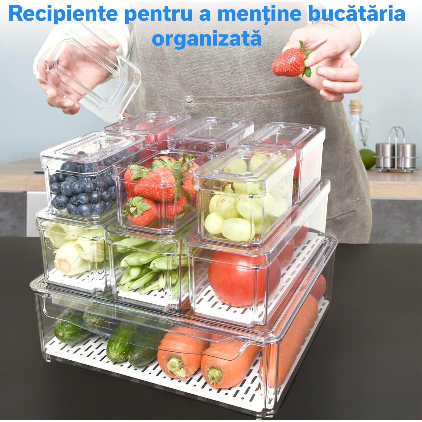 Set 10 organizatoare alimentare NextWave® pentru frigider – cutii cu capace suprapozabile, transparente, BPA Free, ideale – imaginea 2