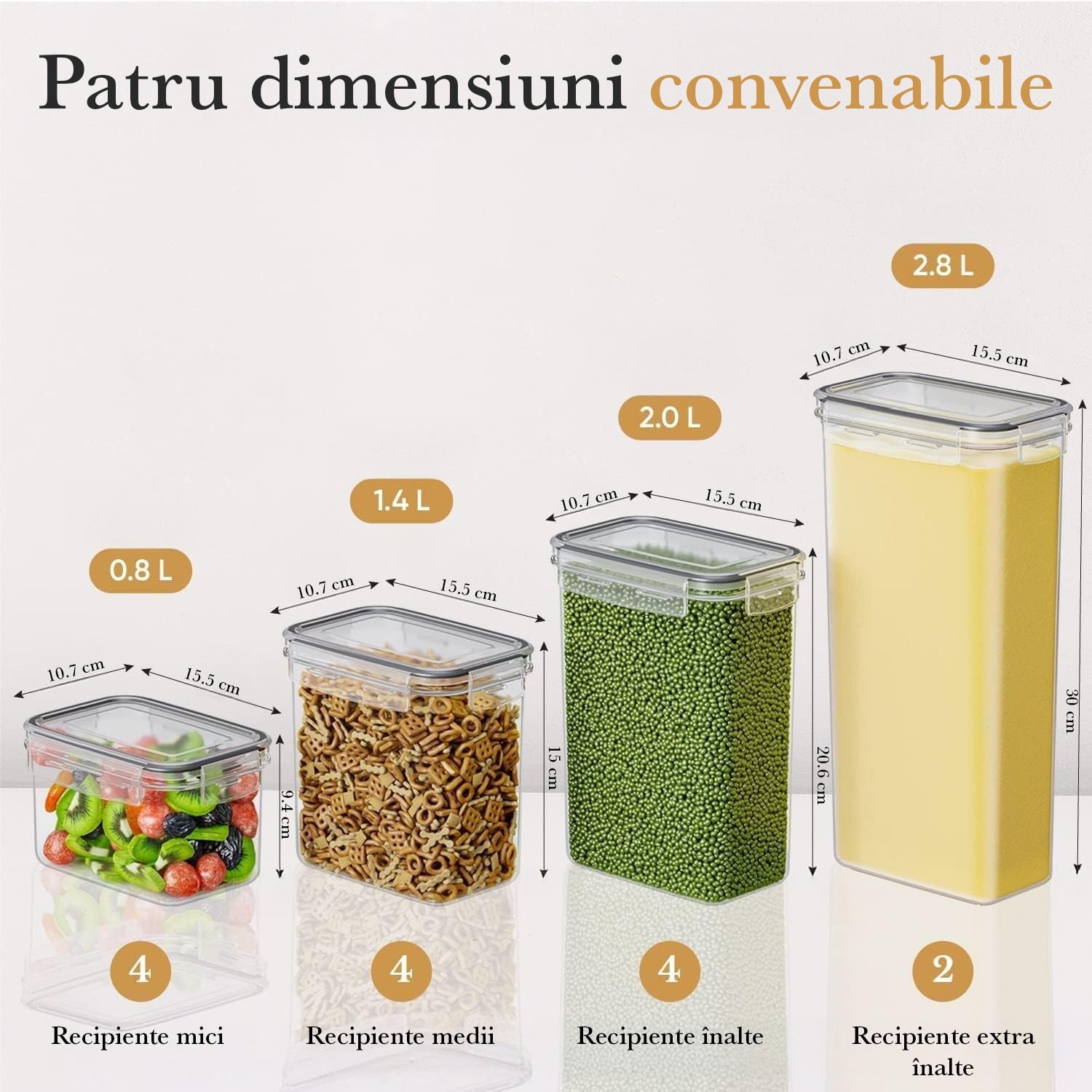 Set 14 recipiente depozitare alimente NextWave® – plastic alimentar transparent fara BPA, capace negre etanse, utilizabile – imaginea 2