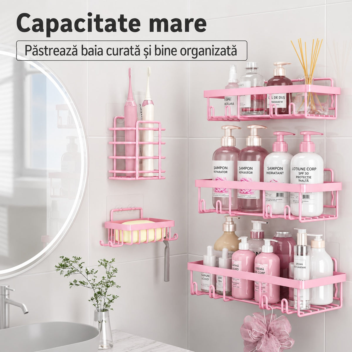Raft de baie NextWave®, set 5 piese cu 3 etajere pentru dus, 1 suport pentru sapun si 1 suport pentru periute de dinti, din – imaginea 2