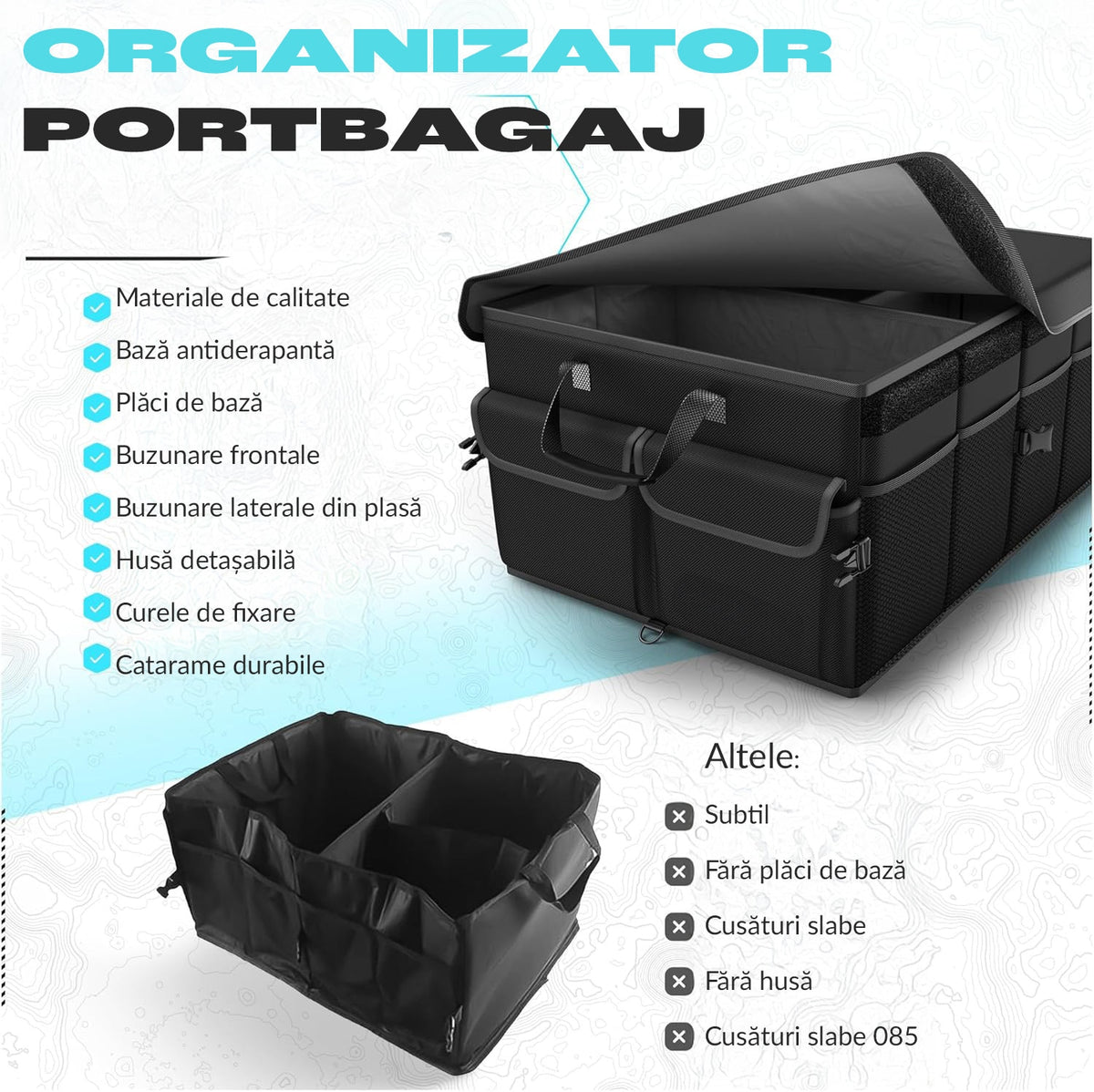 Organizator portbagaj auto pliabil NextWave®️, capacitate mare 55×40×26 cm, compartimentare cu separator detasabil, 2 placi – imaginea 2