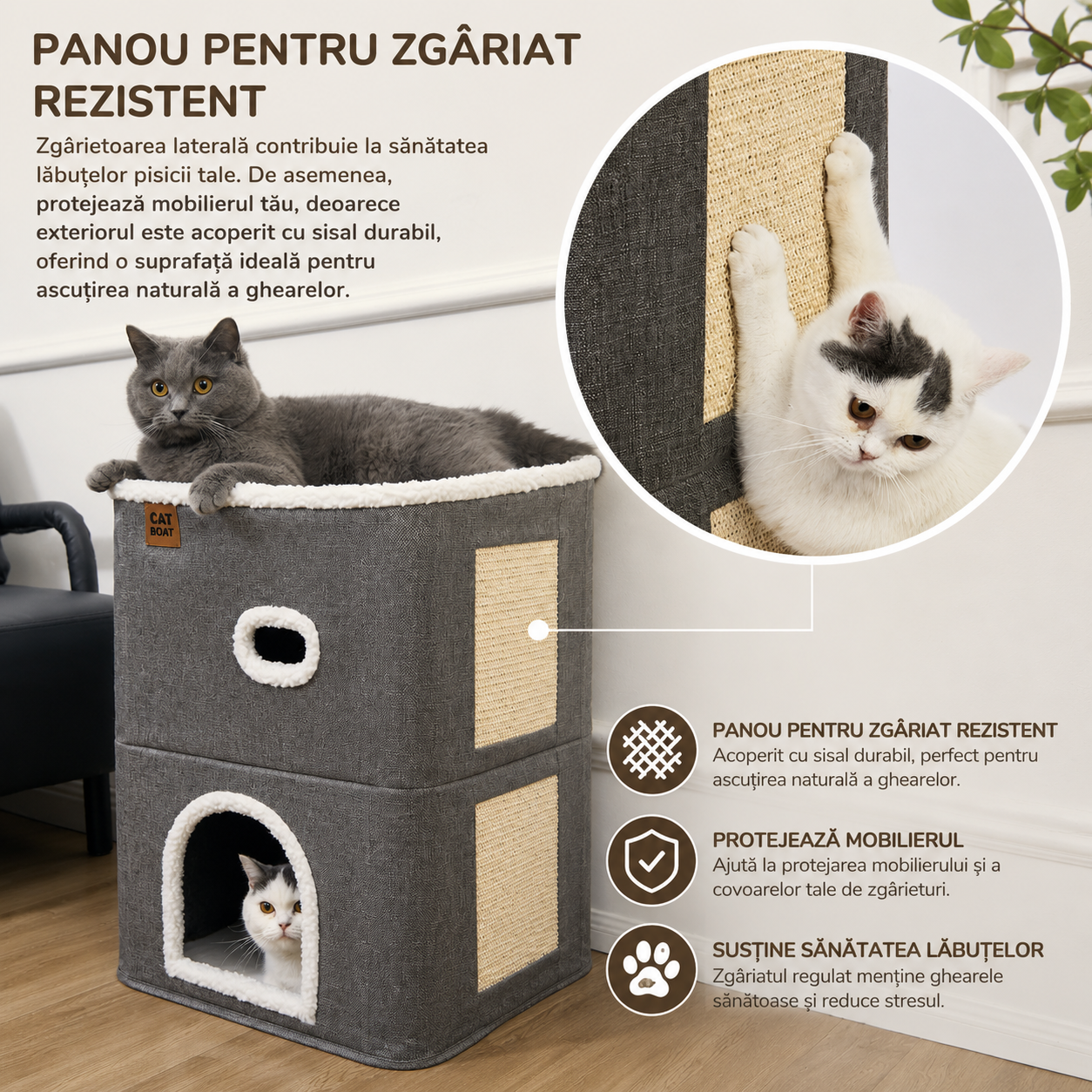Casa Pisici NextWave®, Casuta Pliabila Tip Pestera, Pat Interior cu Platforma Superioara, Ansamblu de Zgariat Sisal, Minge – imaginea 2
