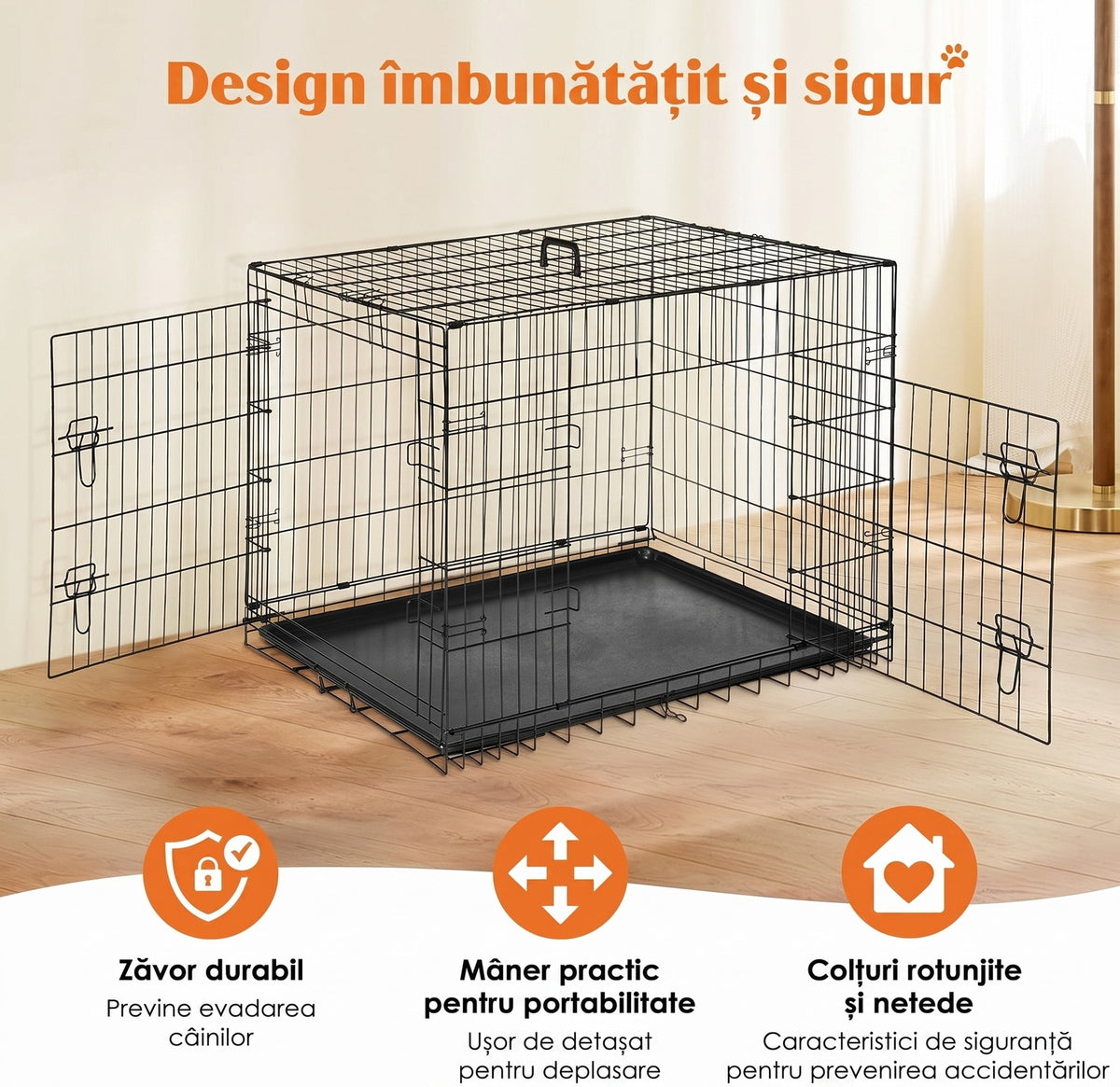 Cușcă pentru câini NextWave®️, pliabilă și portabilă, 2 uși cu zăvor glisant dublu, tavă etanșă, cadru rezistent din metal – imaginea 2