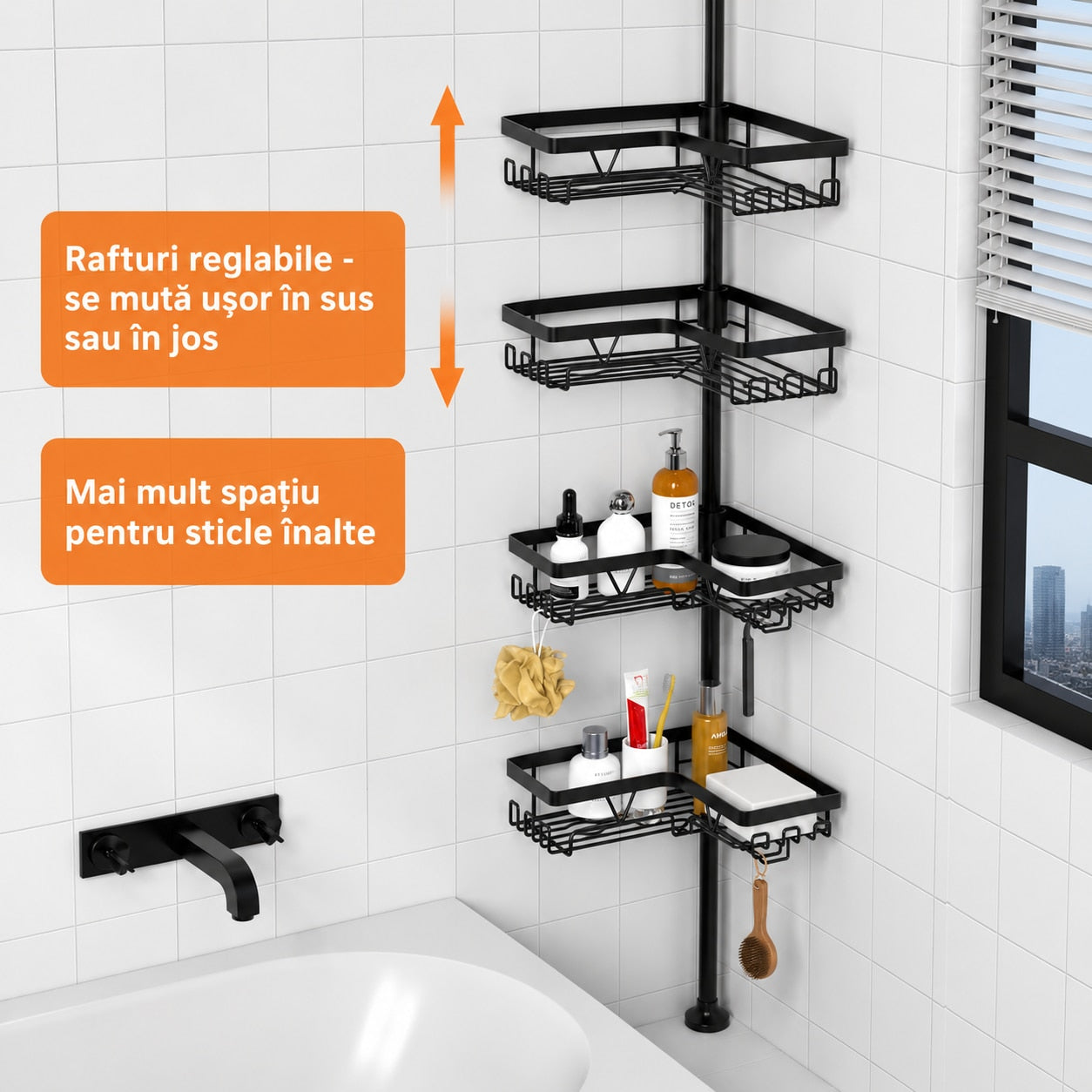 Raft de baie NextWave®, raft de colt telescopic reglabil 64–290 cm, cu 4 rafturi ajustabile, carlige pentru accesorii – imaginea 2