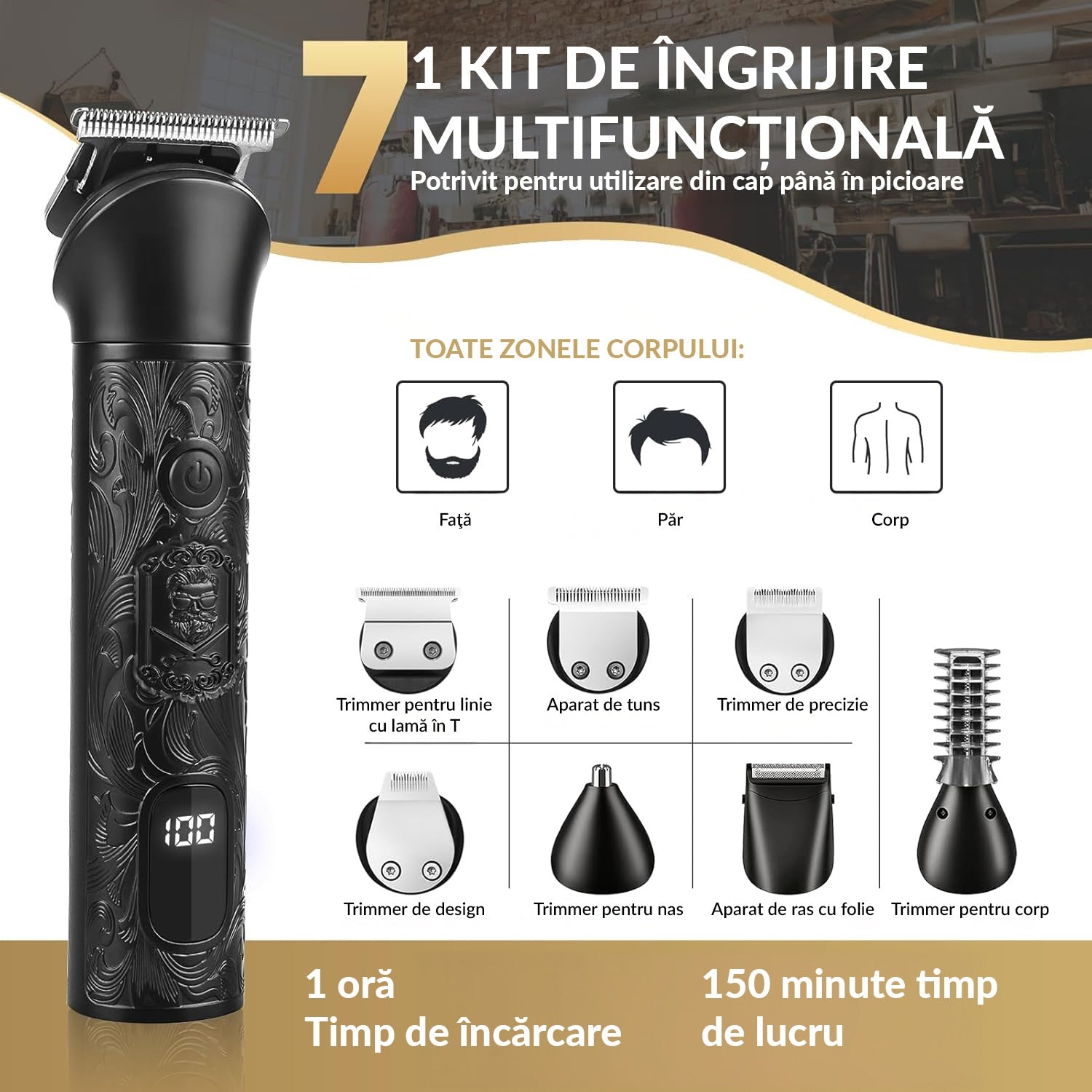 Masina de tuns si Aparat de ras BeGenius®, Multifunctionala 7 in 1, Lame Inox, Corp Metal, Profesional, Barba, Cap – imaginea 2