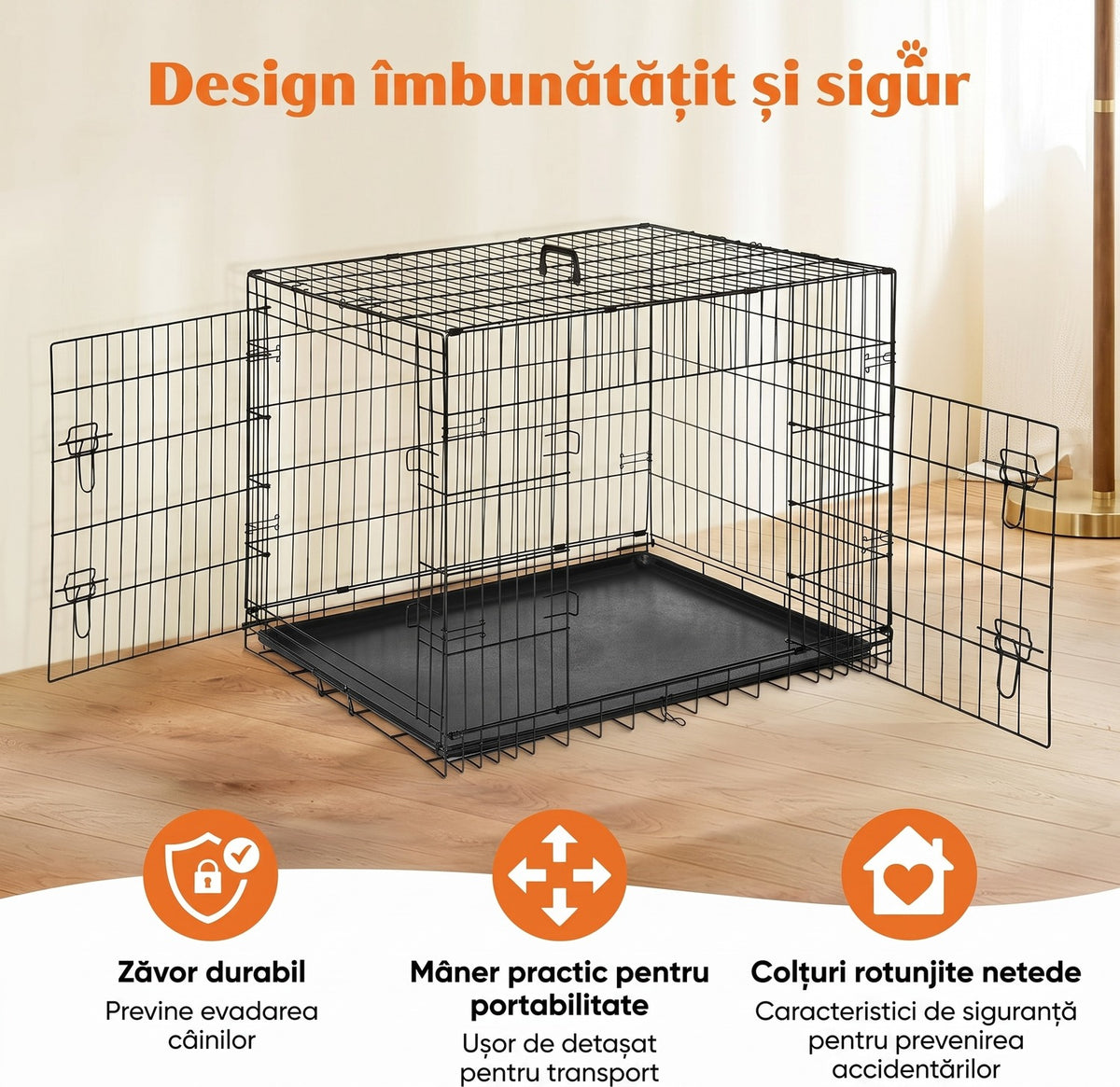 Cușcă pentru câini NextWave®️, design pliabil și portabil, 2 uși cu închidere sigură, tavă detașabilă etanșă și panou – imaginea 2