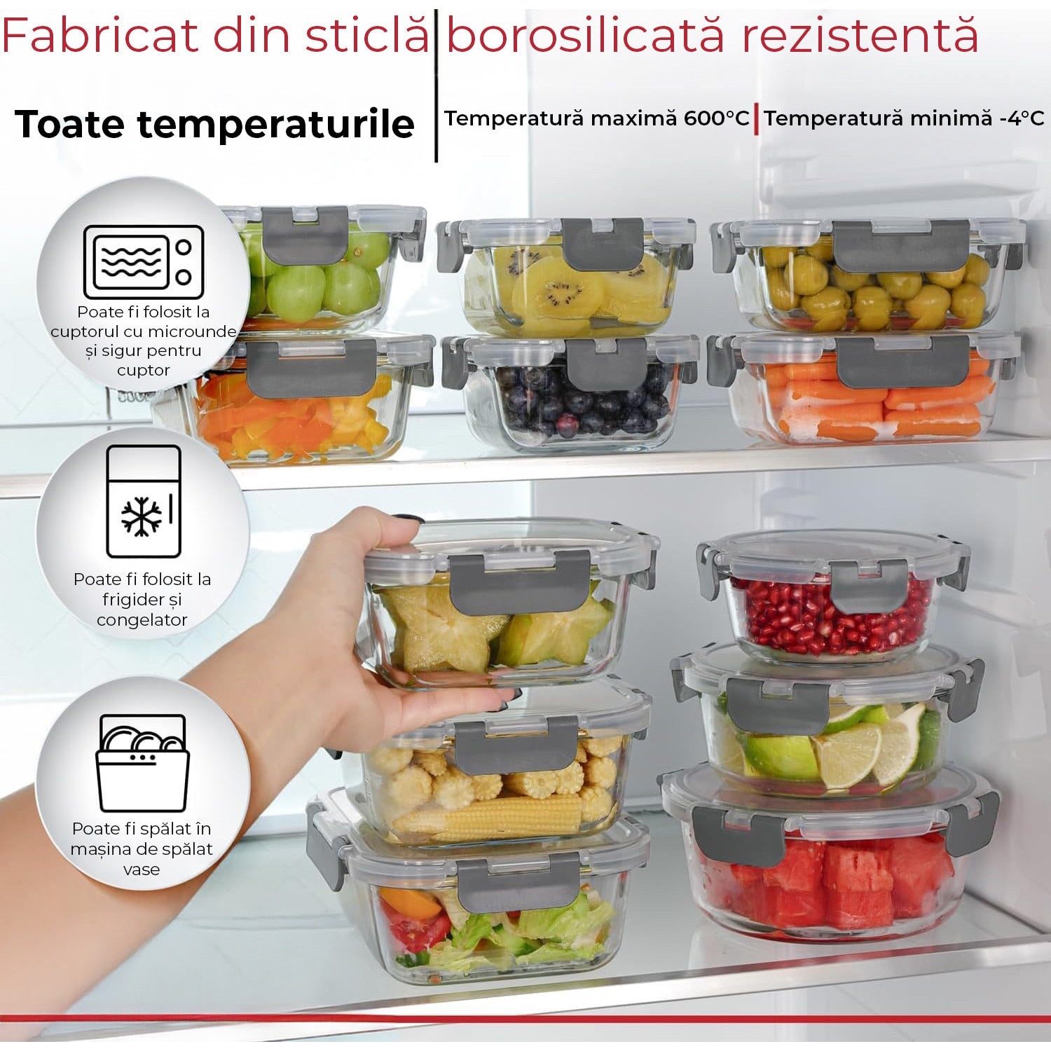 Set 12 Caserole Alimentare din sticla NextWave®️ Capace Etanse, Depozitare Frigider si Congelator, Potrivite pentru – imaginea 2