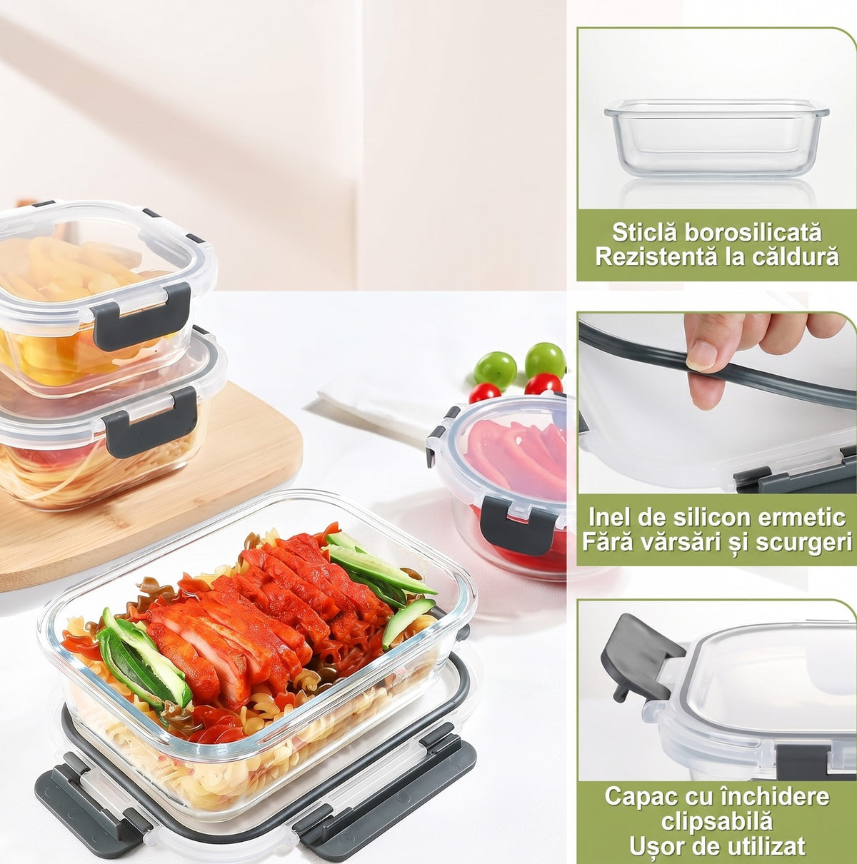 Set 15 Caserole Alimentare din sticla NextWave®️ Capace Etanse, Depozitare Frigider si Congelator, Potrivite pentru – imaginea 2