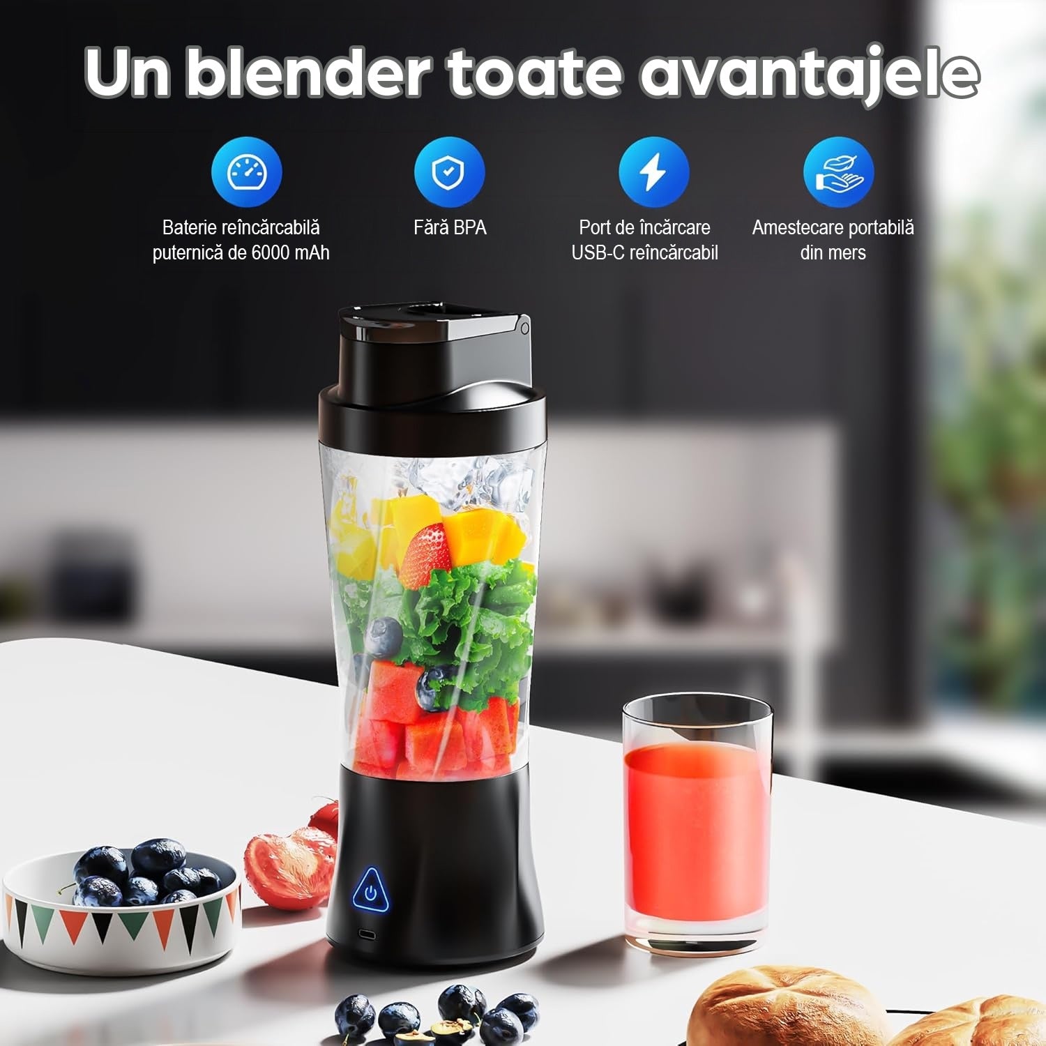 Mini Blender Electric Portabil NextWave™, Multifunctional, Auto-curatare, Autonomie Mare, Recipient detasabil cu capac – imaginea 2