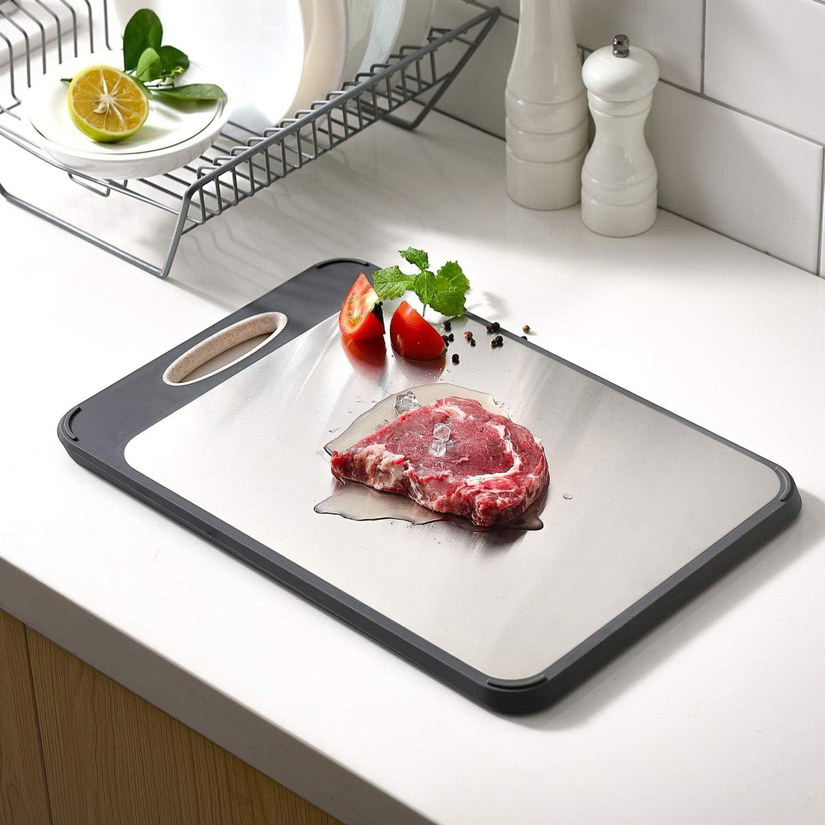 Tocator de bucatarie Dublu fata-verso, Decongelare Rapida, Fata otel inoxidabil 304 pentru carne, verso PP pentru legume – imaginea 2