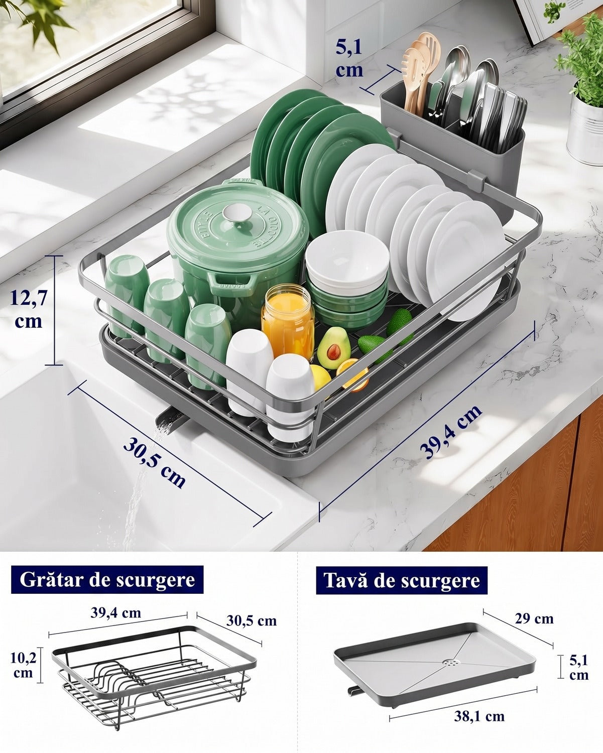 Scurgator de vase NextWave®️, pentru economisire spatiu pe blat si scurgere automata, cu jgheab rotativ si suport detasabil – imaginea 2