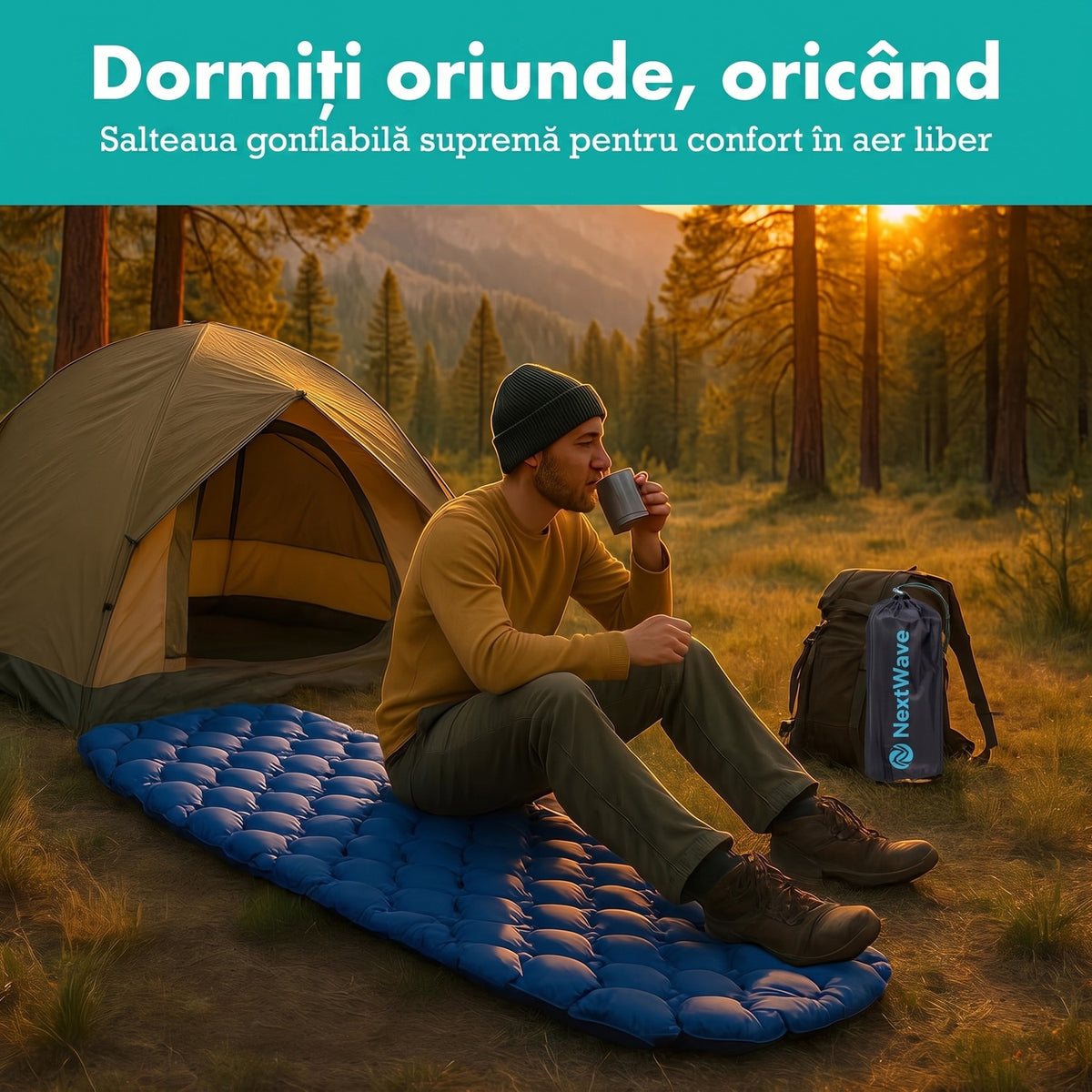 Saltea gonflabilă de camping NextWave®️, ultraușoară și compactă, impermeabilă, umflare rapidă, suport confortabil, din – imaginea 2