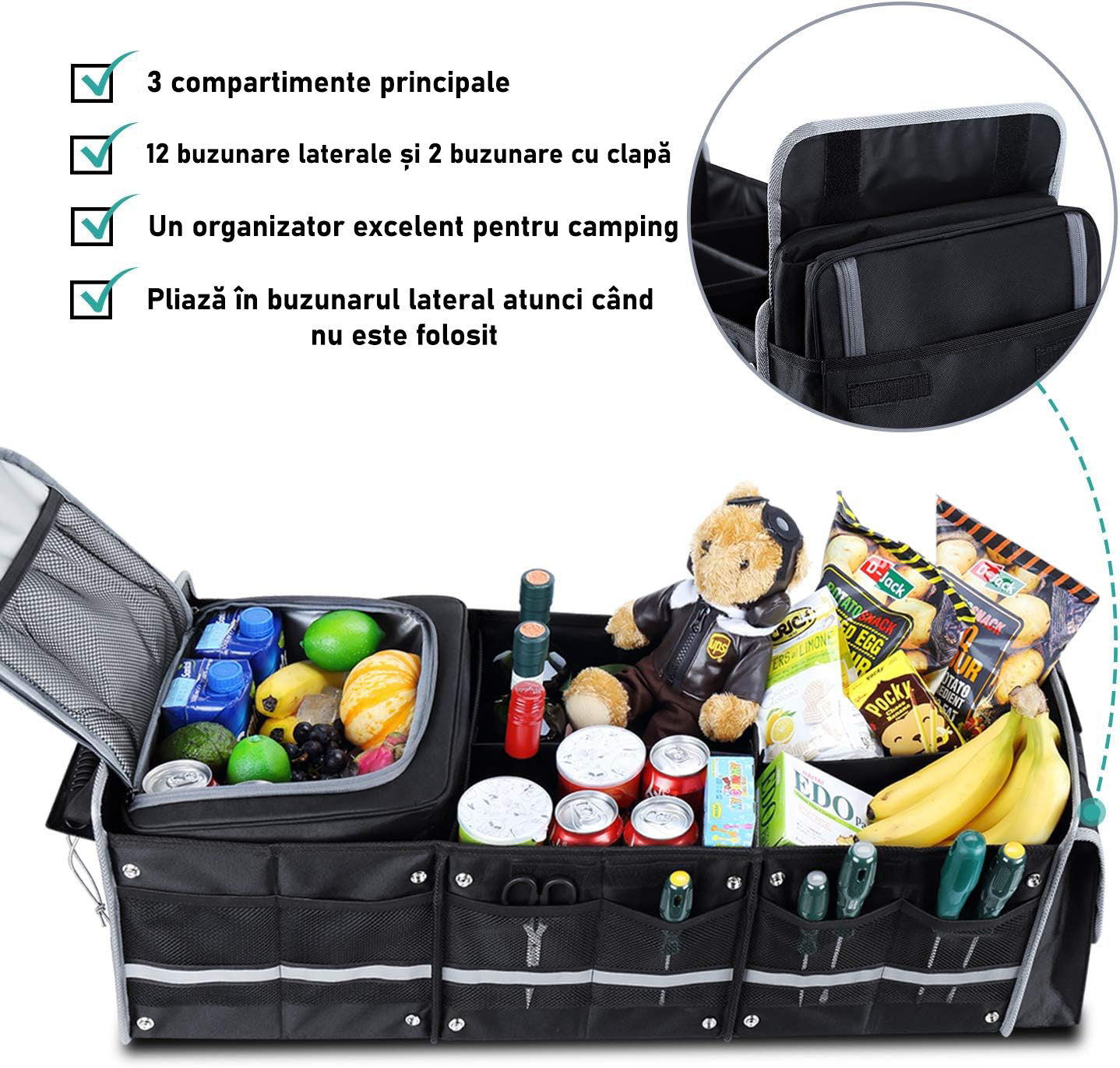 Organizator portbagaj auto cu Geanta Termica NextWave®️ si chingi de ancorare, Multifunctional, Pliabil, 6 compartimente – imaginea 2