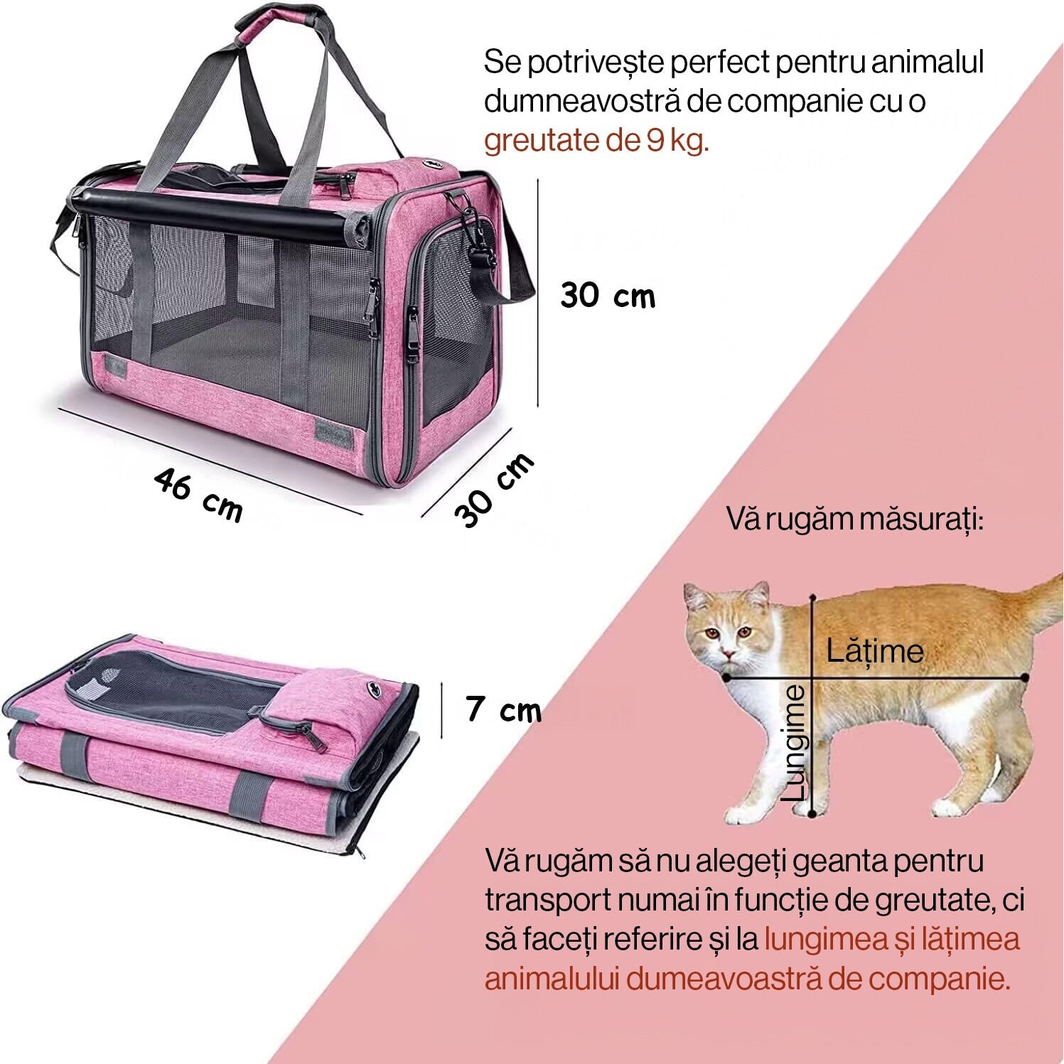 Geanta pentru transport animale mici NextWave®, pisica, caine, iepure, din panza, 46x30x30, Baza rezistenta cu covoras, Usor – imaginea 2