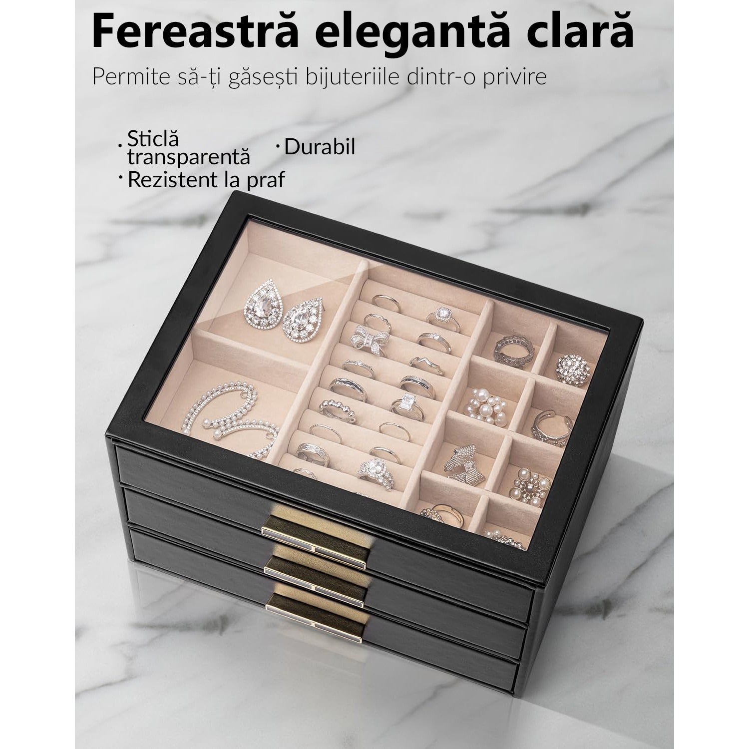 Cutie de bijuterii, organizator cu capac transparent, spatiu de depozitare 3 sertare pentru coliere, inele, cercei – imaginea 2