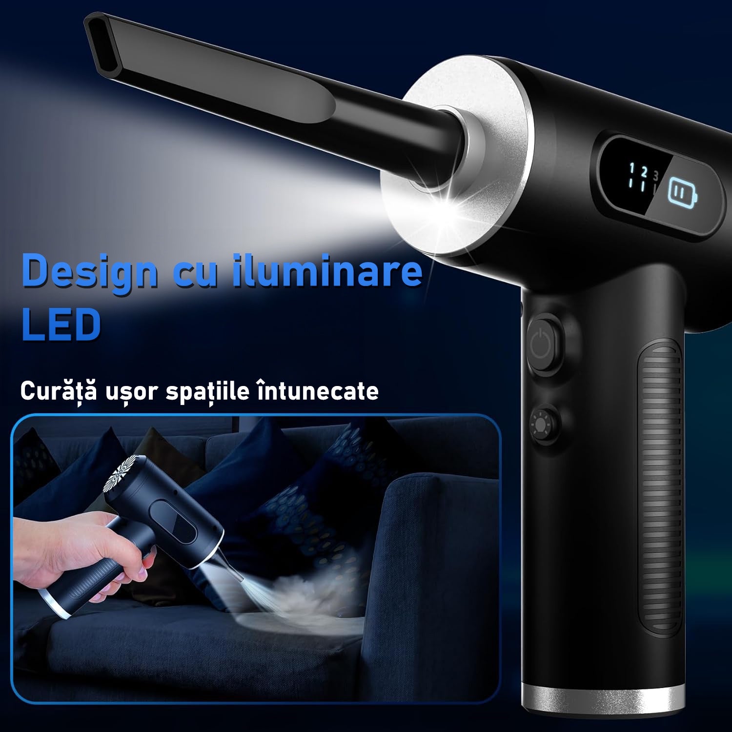 Suflanta aer si Aspirator fara Fir, 2-1 cu Acumulat, pentru Indepartare Praf PC, Par de animale, Tastatura, Gratar, Canapea – imaginea 2