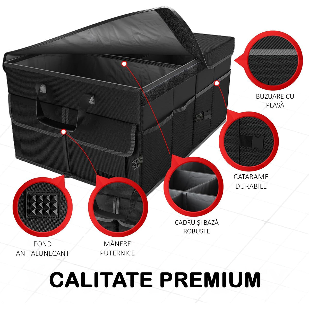 Organizator portbagaj auto NextWave®️ cu chingi de ancorare si capac, Multifunctional, Pliabil, 9 compartimente, Capacitate – imaginea 2