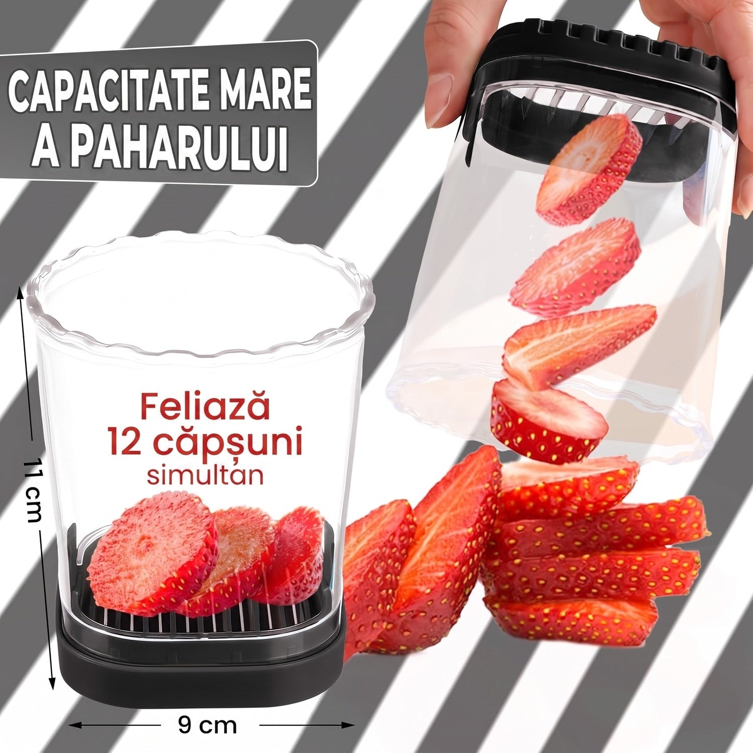 Feliator pentru fructe si capsuni NextWave®️, taiere rapida si uniforma in 8 felii, baza cu placa de impingere, lama – imaginea 2
