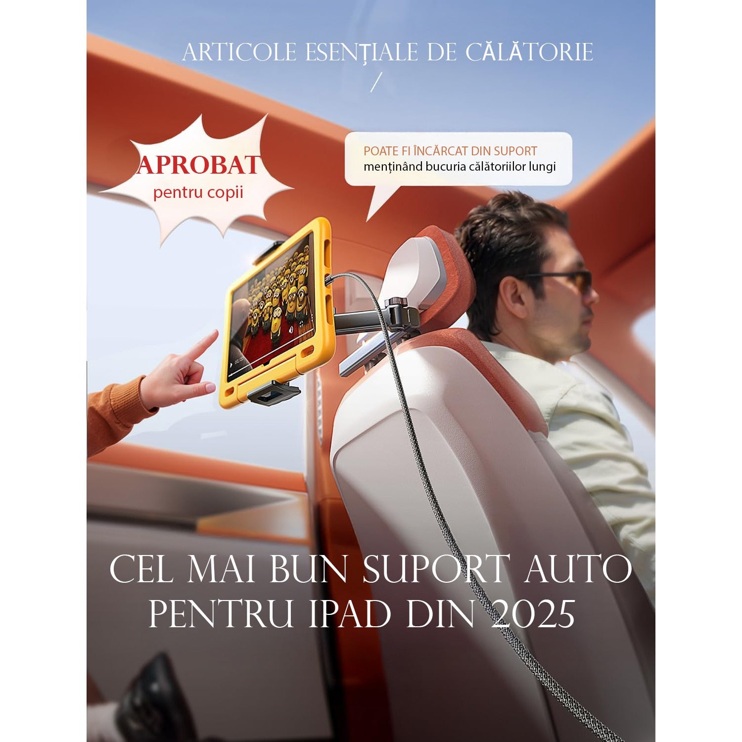 Suport auto tetiera NextWave®️, reglabil pe 3 axe pentru tablete si telefoane 4,7–11 inch, sistem metalic pliabil cu – imaginea 2