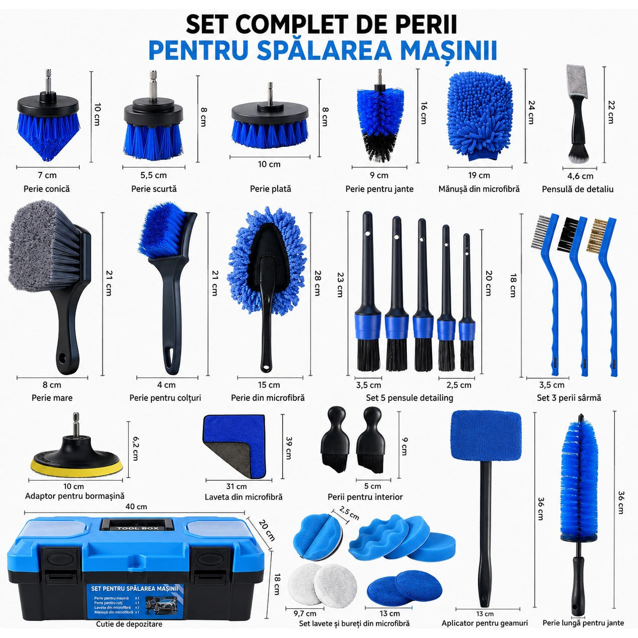 Set detailing auto NextWave®, 36 piese pentru curatare profesionala interior si exterior, perii pentru bormasina, jante – imaginea 2