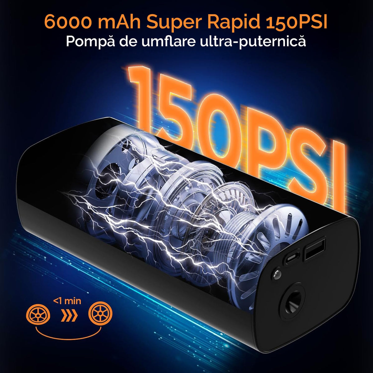 Compresor portabil electric NextWave® – pompa de aer reincarcabila 6000 mAh, presiune 0, 1-10, 3 bar (150 PSI), display – imaginea 2