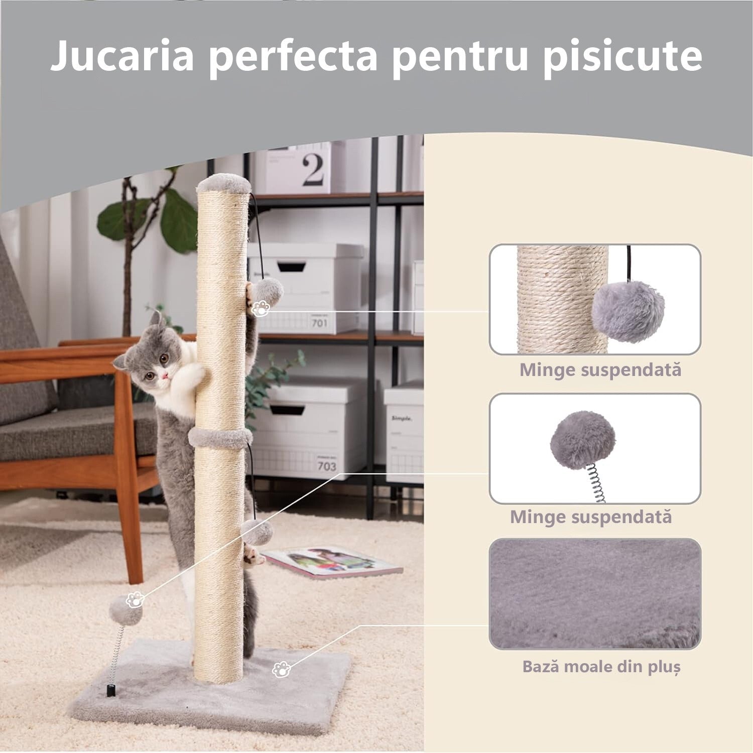 Ansamblu de joaca pentru pisici adulte sau pui, stalp pentru ascutit ghearelor, 2 bile suspendate, confectionat din sisan – imaginea 2