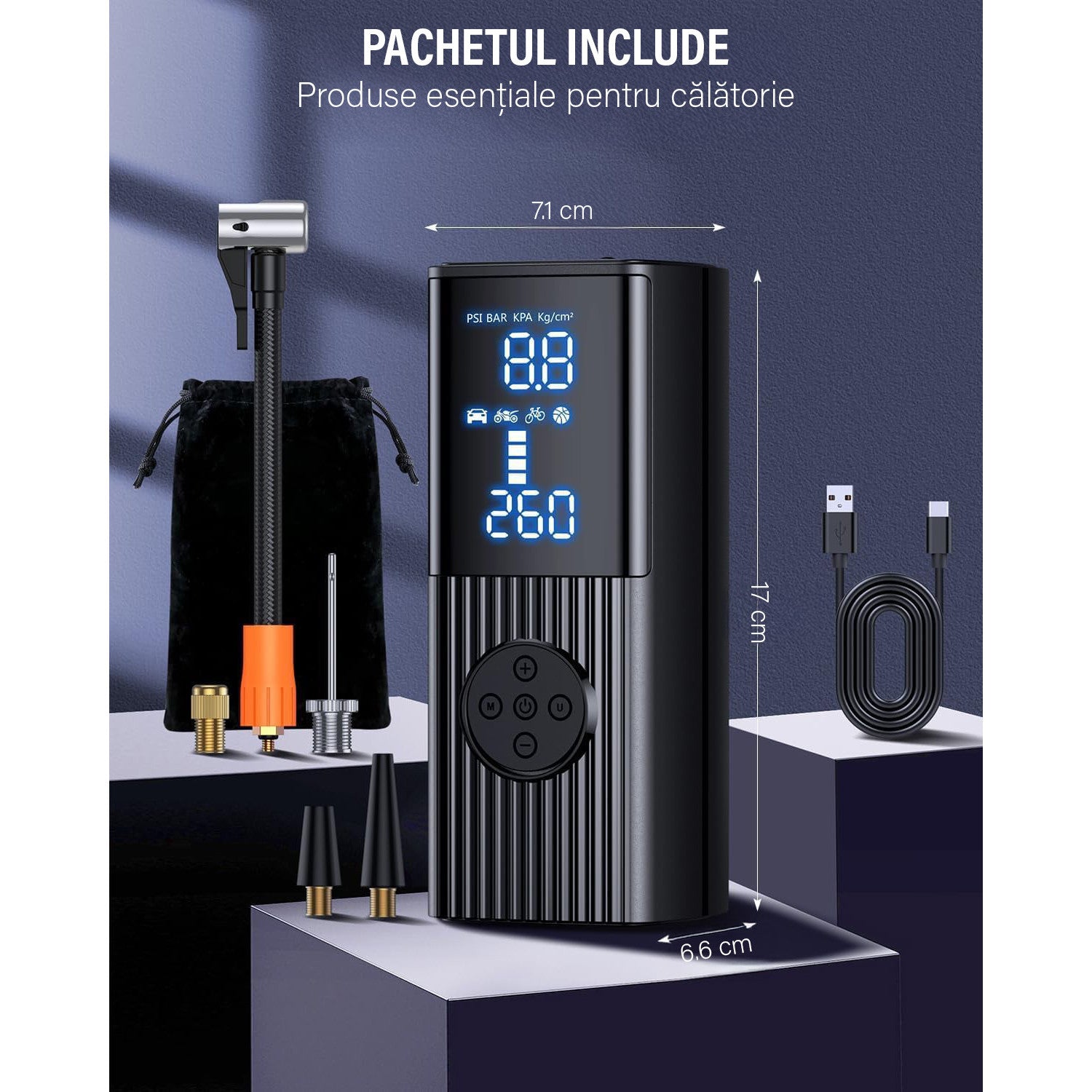 Compresor auto portabil digital NextWave®, baterie 7800 mAh reincarcabila, presiune 150 PSI, 4 moduri inteligente de – imaginea 2