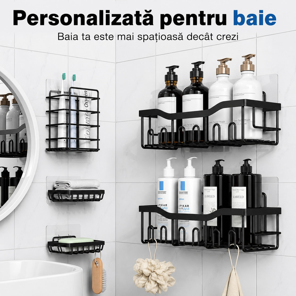 Raft de Baie NextWave® la set, 5 piese cu 2 rafturi pentru dus, 2 suporturi pentru sapun si 1 suport pentru periute, din – imaginea 2