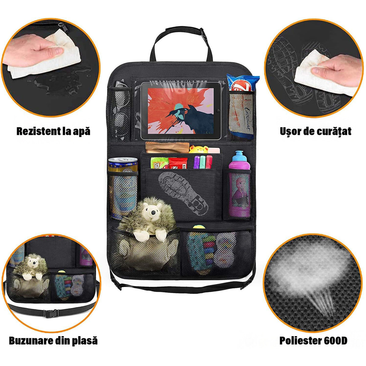 Set 2 organizatoare spatar scaun auto NextWave®️, protectie universala, buzunare multiple + buzunar mare pentru tableta – imaginea 2