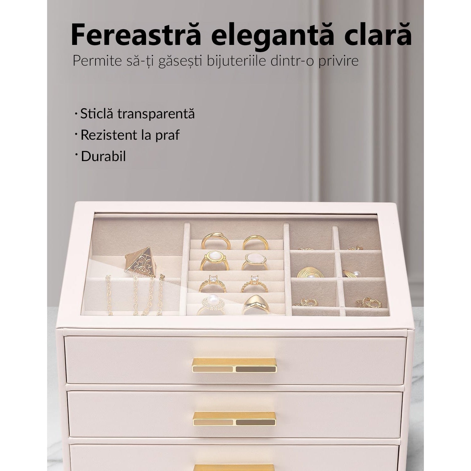 Cutie de bijuterii, organizator cu capac transparent, spatiu de depozitare 3 sertare pentru coliere, inele, cercei – imaginea 2