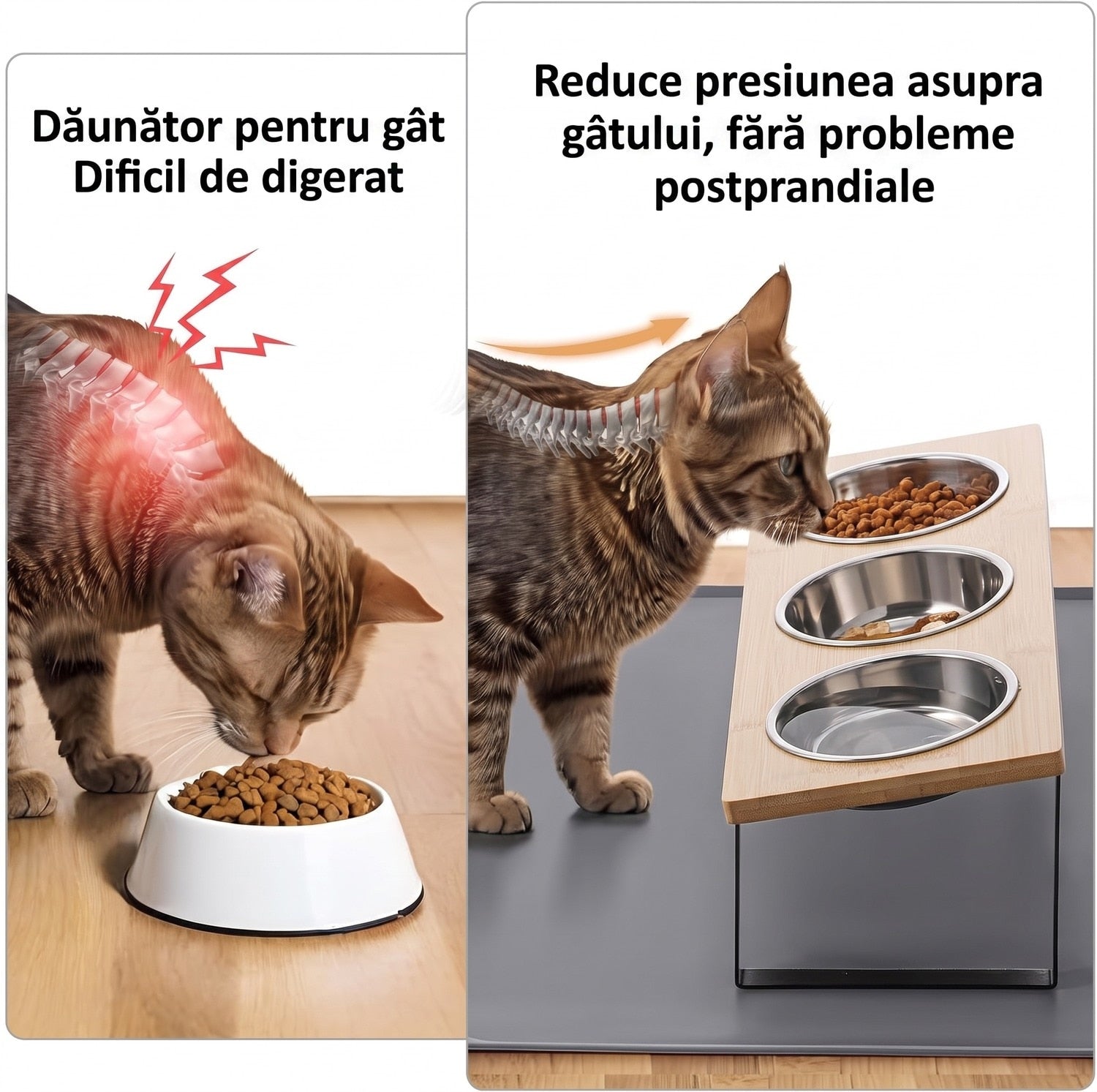 Set 3 boluri inaltate pentru pisici NextWave®️, suport inclinat la 15° anti-voma, 3 recipiente detasabile si covoras – imaginea 2