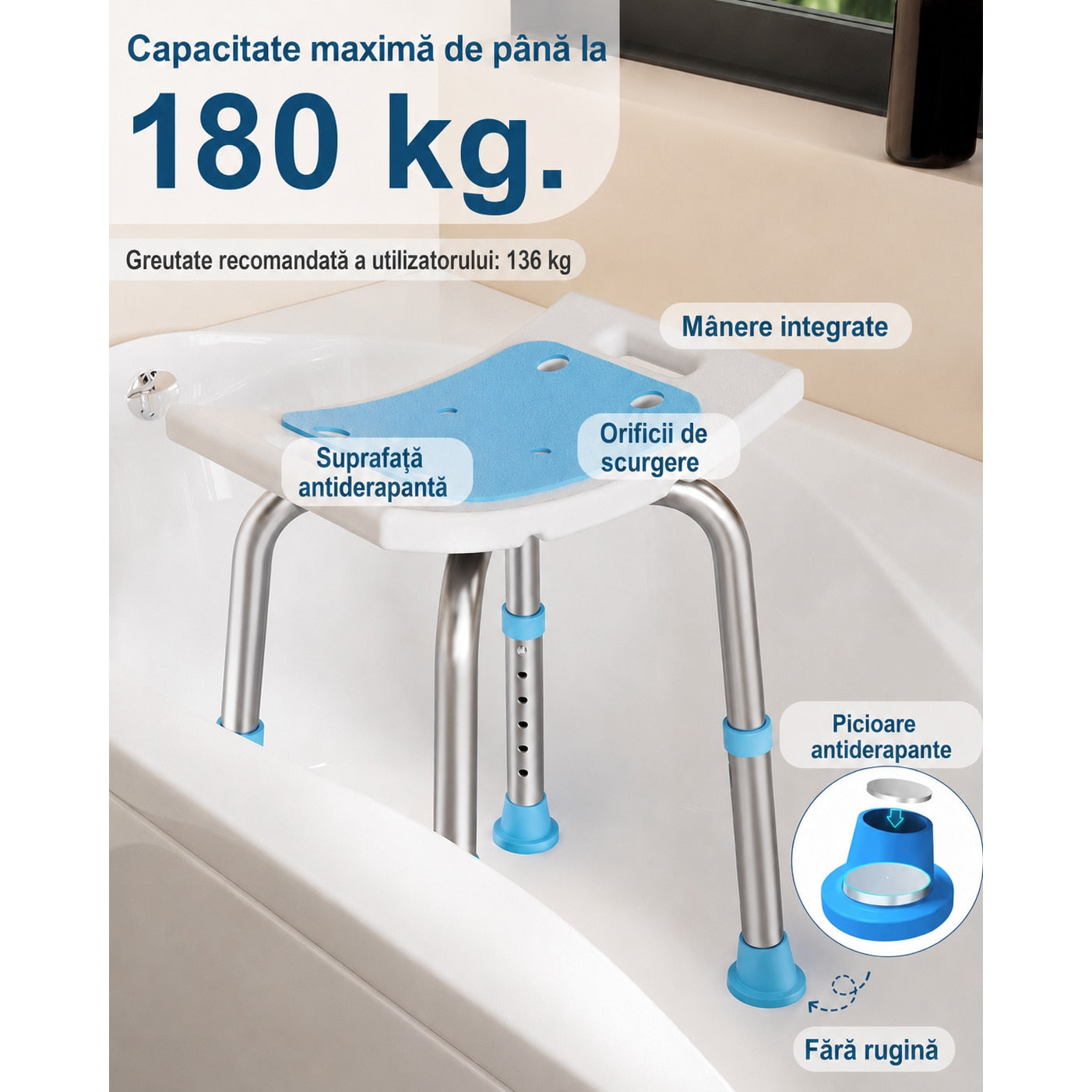 Scaun de dus NextWave® pentru baie si cada, reglabil pe inaltime, cadru rezistent din aluminiu, sezut confortabil, picioare – imaginea 2