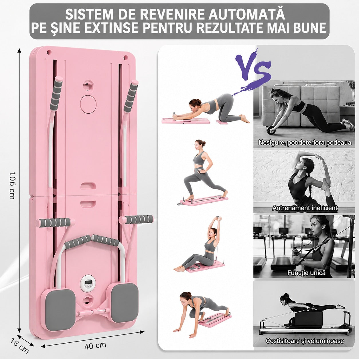 Aparat Pilates Reformer pliabil NextWave® – echipament de antrenament pentru acasa, ideal pentru incepatori si avansati – imaginea 2