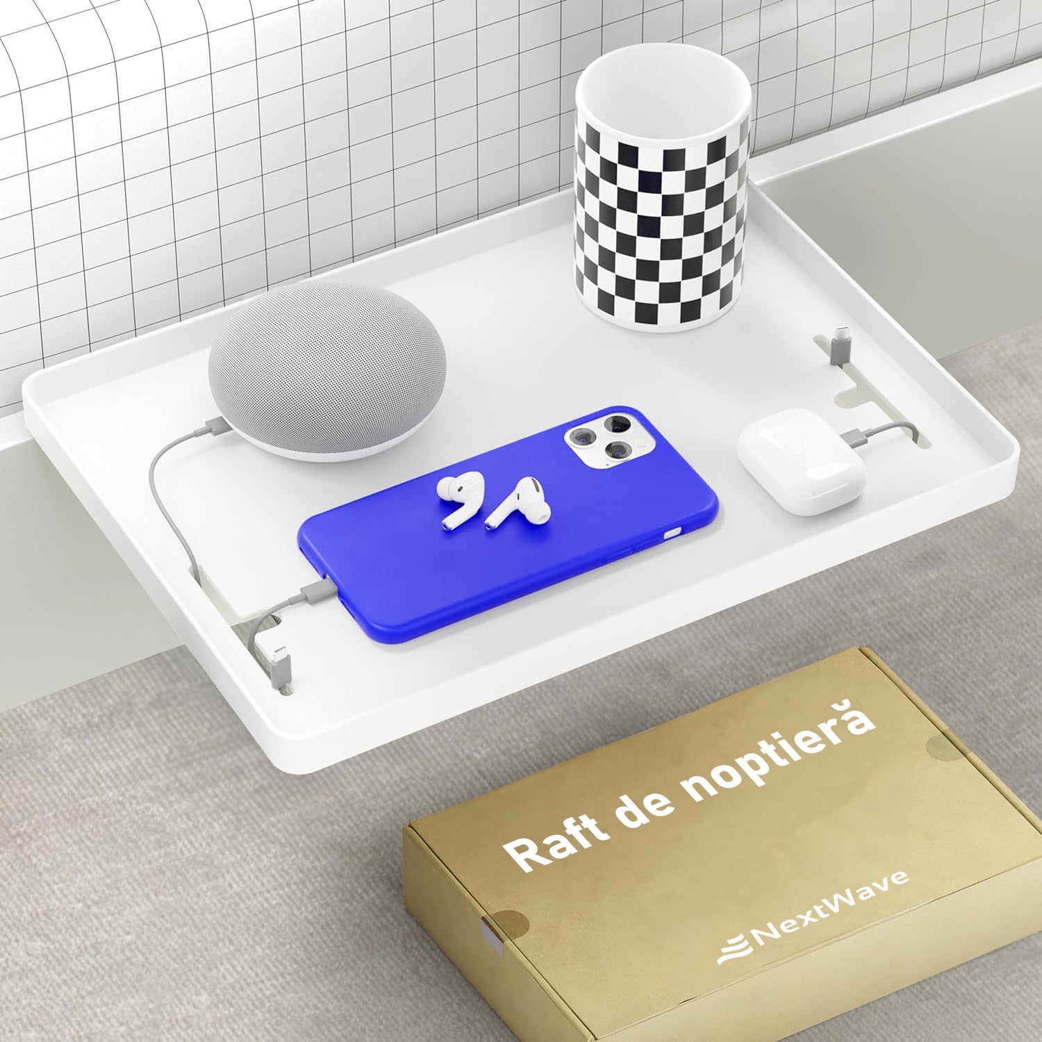 Raft pentru pat NextWave®️, cu suport pentru telefon, tableta si obiecte, incarcator, prindere incorporata pentru cabluri – imaginea 2