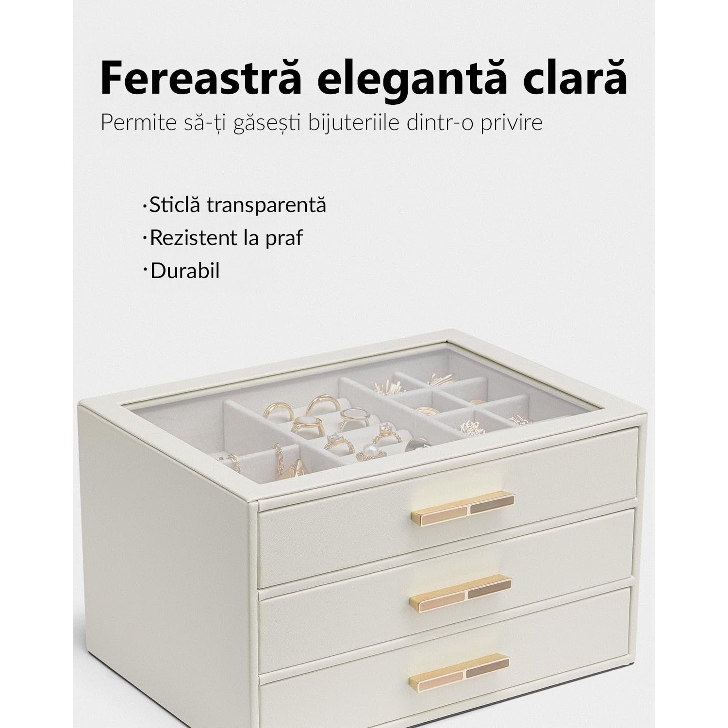 Cutie de bijuterii, organizator cu capac transparent, spatiu de depozitare 3 sertare pentru coliere, inele, cercei – imaginea 2