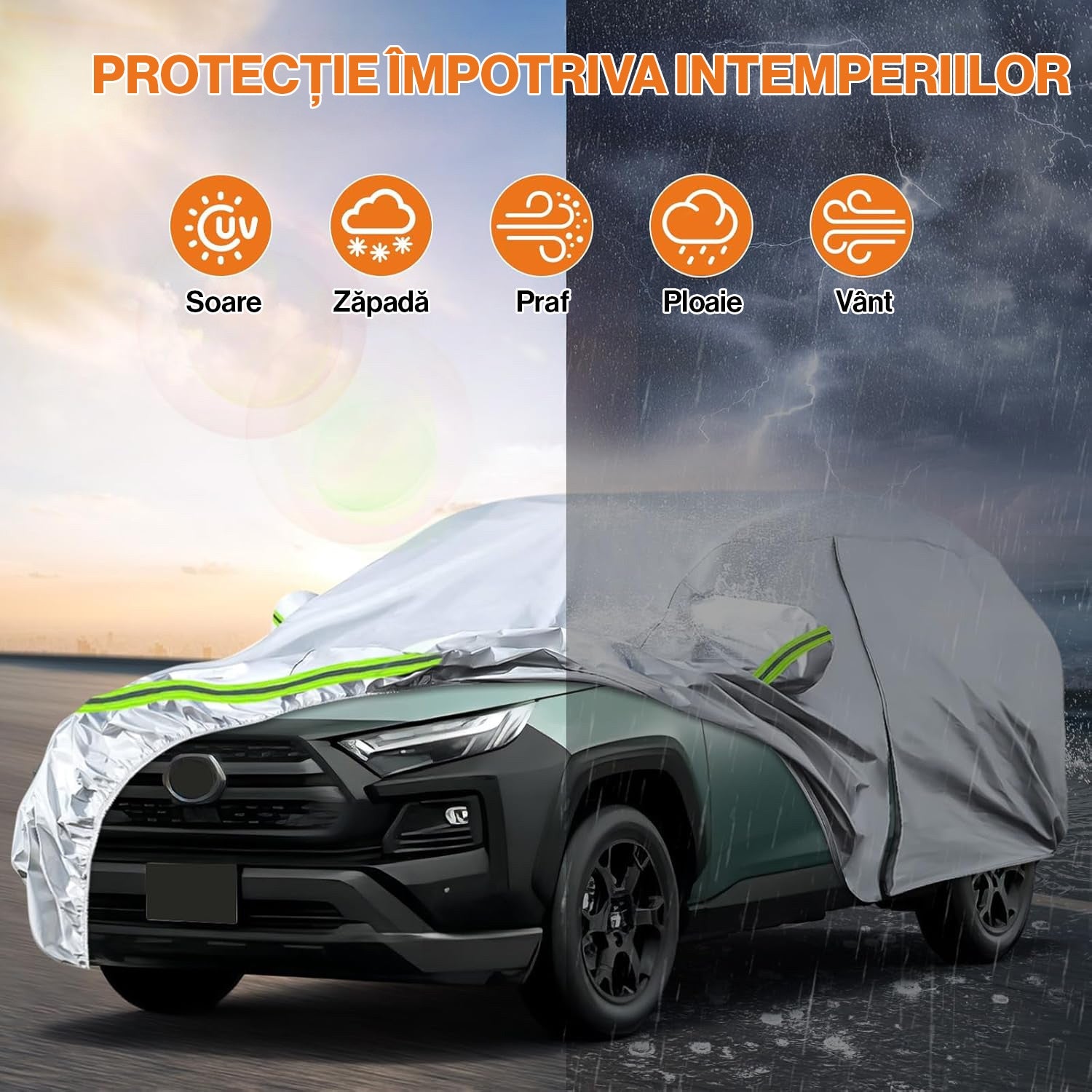 Prelata Auto NextWave, universala, impermeabila, 500x200x150cm, cu buzunare oglinzi si fermoar usa sofer – imaginea 2