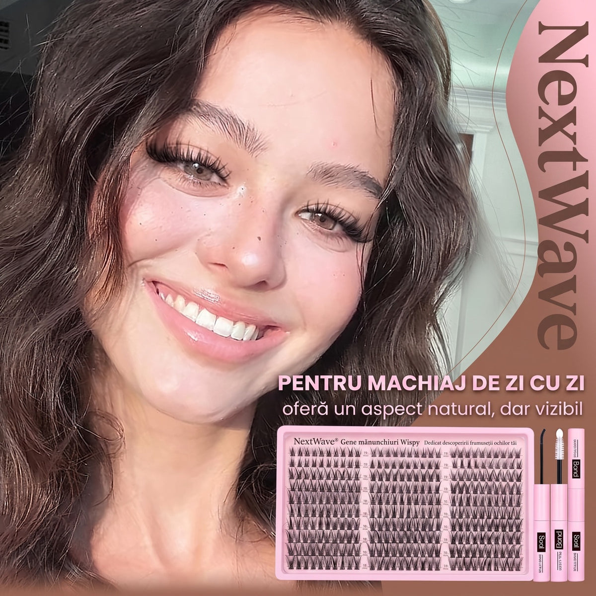 Kit extensii gene false tip mănunchiuri NextWave®️, aspect natural Wispy cu efect 3D, adeziv Bond și Seal rezistent 3-7 – imaginea 2
