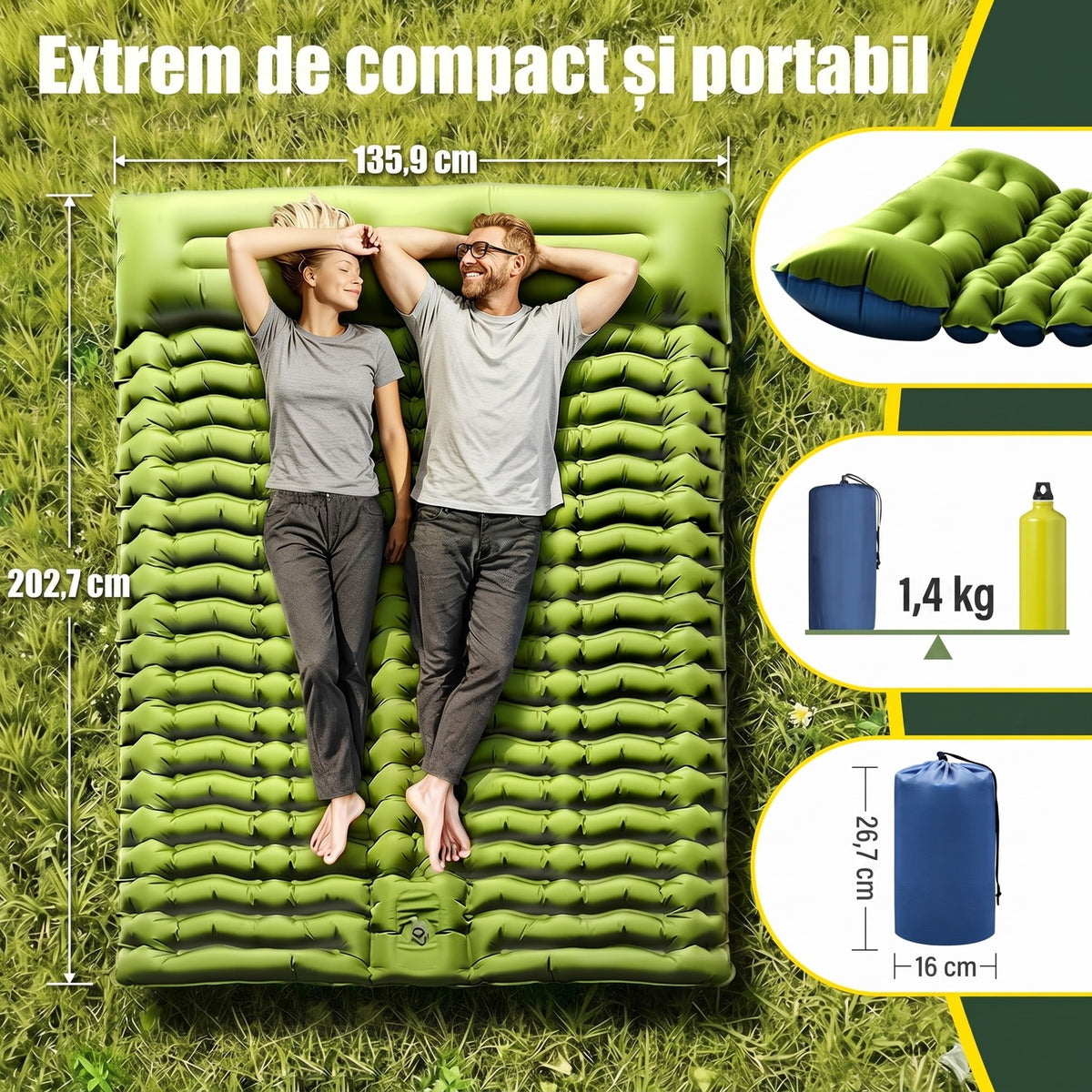 Saltea gonflabilă de camping dublă NextWave®️, pompă de picior integrată pentru umflare rapidă, perne încorporate, celule de – imaginea 2