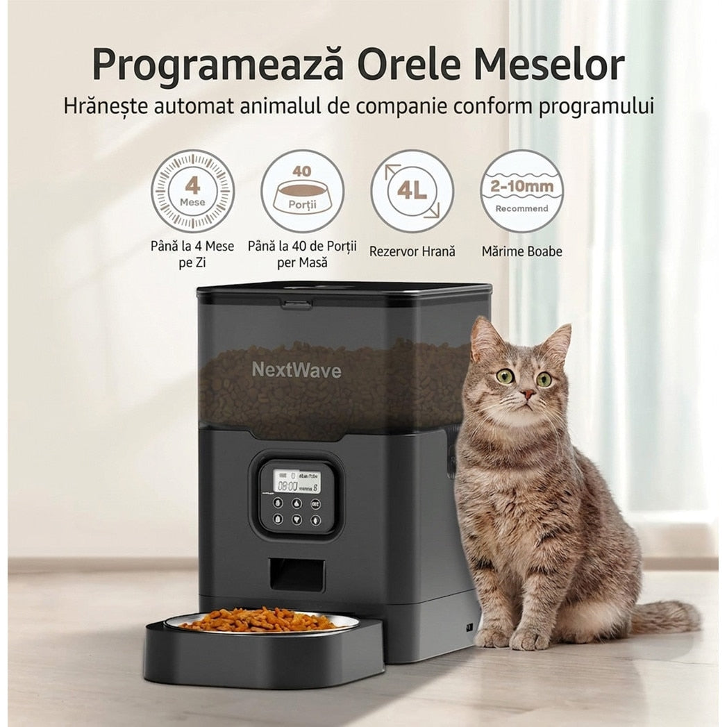 Hranitor Automat Digital Pisici si Caini NextWave®, Dispenser 4L, Rezervor Transparent, Mesaj Vocal Personalizat, 4 Mese/Zi – imaginea 2
