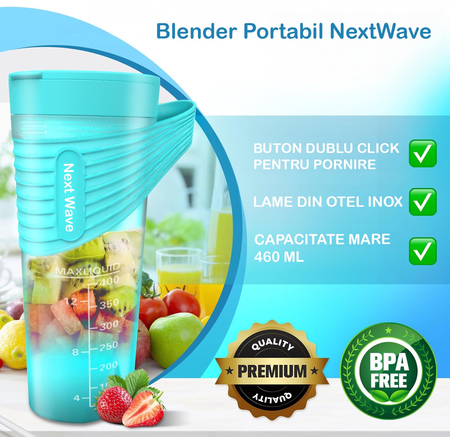 Mini Blender Electric NextWave™, Portabil, Multifunctional, Auto-curatare, Autonomie Mare 40 utilizari, Baterie – imaginea 2