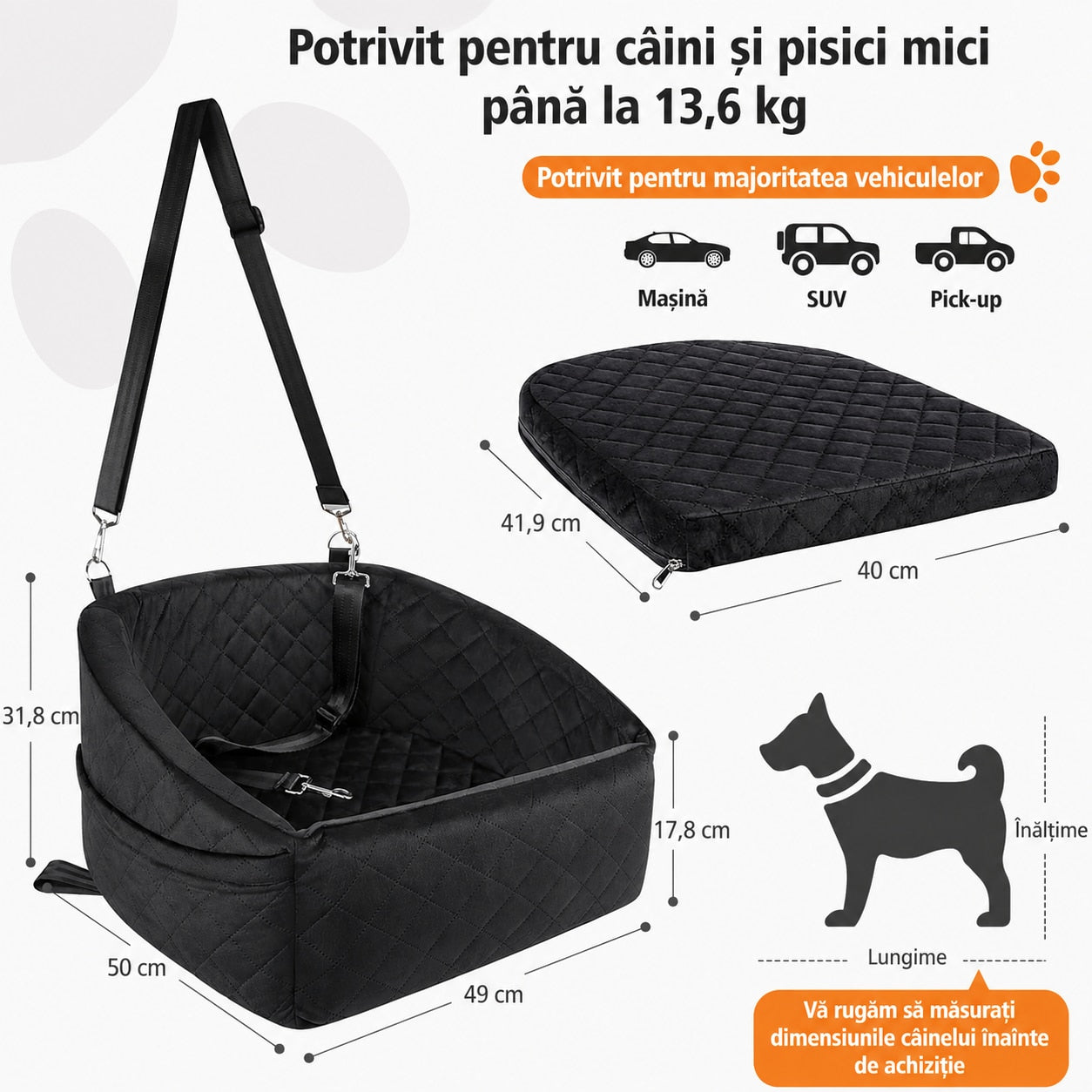 Scaun auto pentru caini NextWave®, detasabil si lavabil, pentru animale de pana la 13,6 kg, cu centura de siguranta, curele – imaginea 2