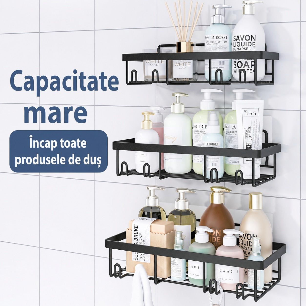 Raft de baie NextWave® la set, 5 piese cu 3 etajere pentru dus, 1 suport pentru sapun si 1 suport pentru periute de dinti – imaginea 2