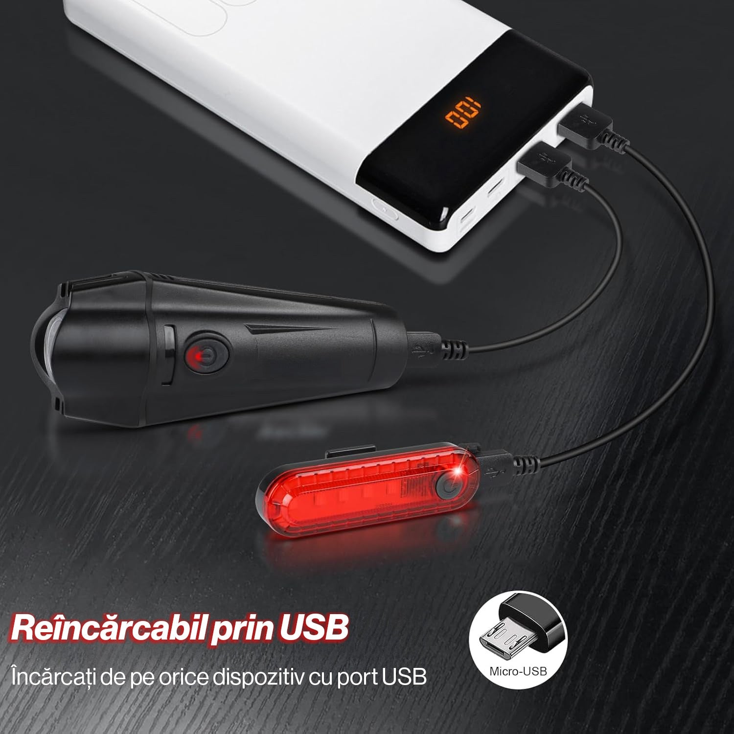 Set Lumini Bicicleta, Trotineta Fata Spate BeGenius®, Far si Stop Reincarcabil USB, Far 4 Moduri si Stop cu 4 Moduri de – imaginea 2