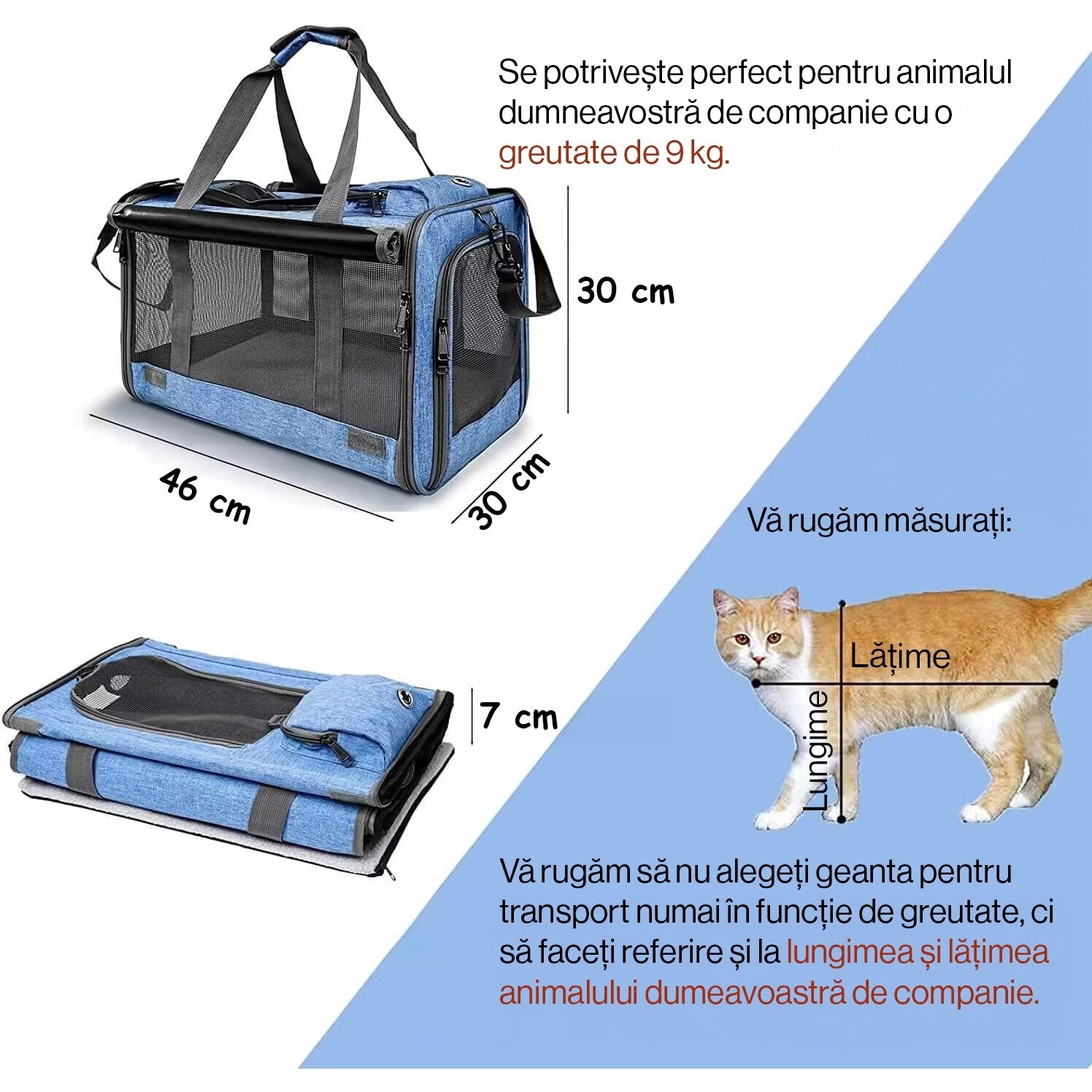 Geanta pentru transport animale mici NextWave®, pisica, caine, iepure, din panza, 46x30x30, Baza rezistenta cu covoras, Usor – imaginea 2