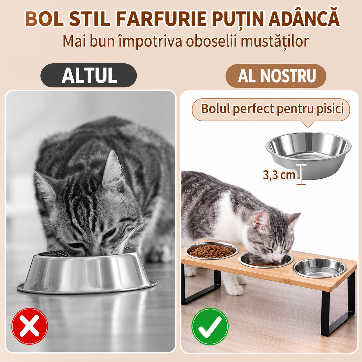 Boluri inaltate pentru pisici modernizate, suport inclinat la 15° anti-varsaturi pentru hrana si apa, 2 boluri din otel – imaginea 2