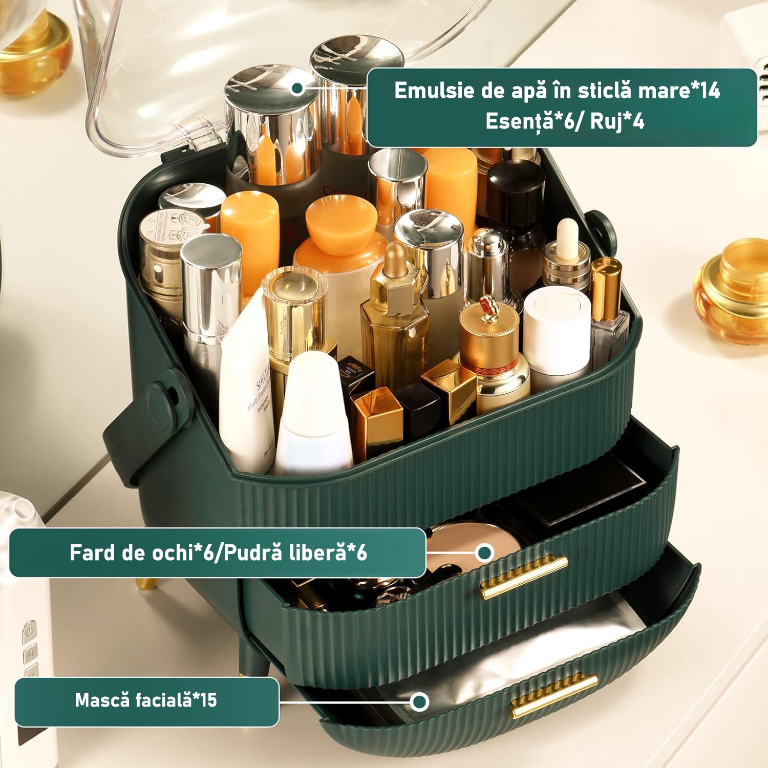 Organizator pentru cosmetice si bijuterii NextWave®, spatiu depozitare cu 2 sertare si vitrina, multifunctionala, verde – imaginea 2