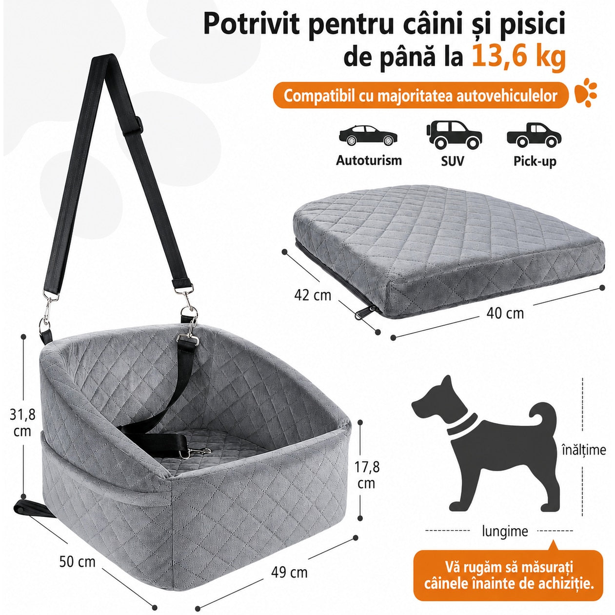 Scaun auto pentru caini NextWave®, detasabil si lavabil, pentru animale de pana la 13, 6 kg, cu centura de siguranta, curele – imaginea 2