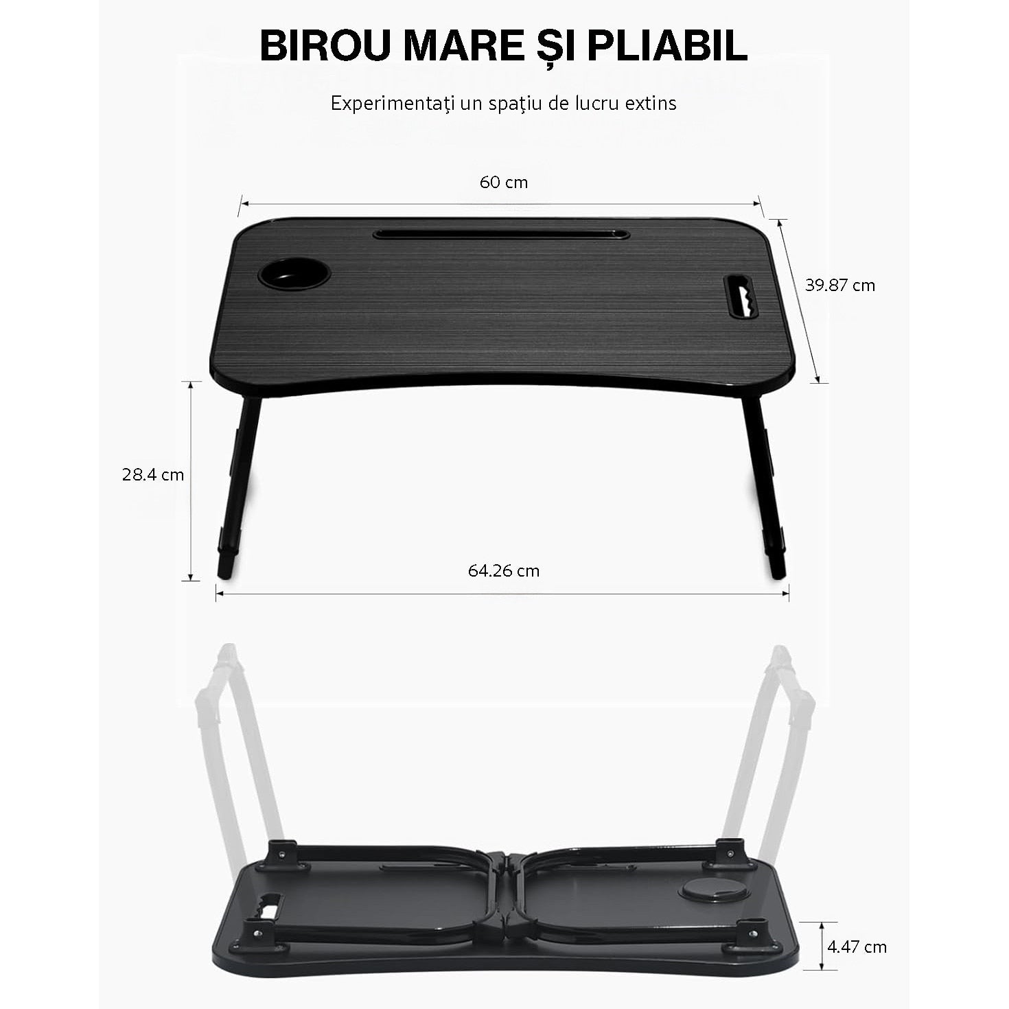 NextWave® Masa Portabila pentru Laptop 60×40 cm, Birou Lap Table pliabil cu Perna, Suport Pahar & Slot Tableta, maner de – imaginea 2