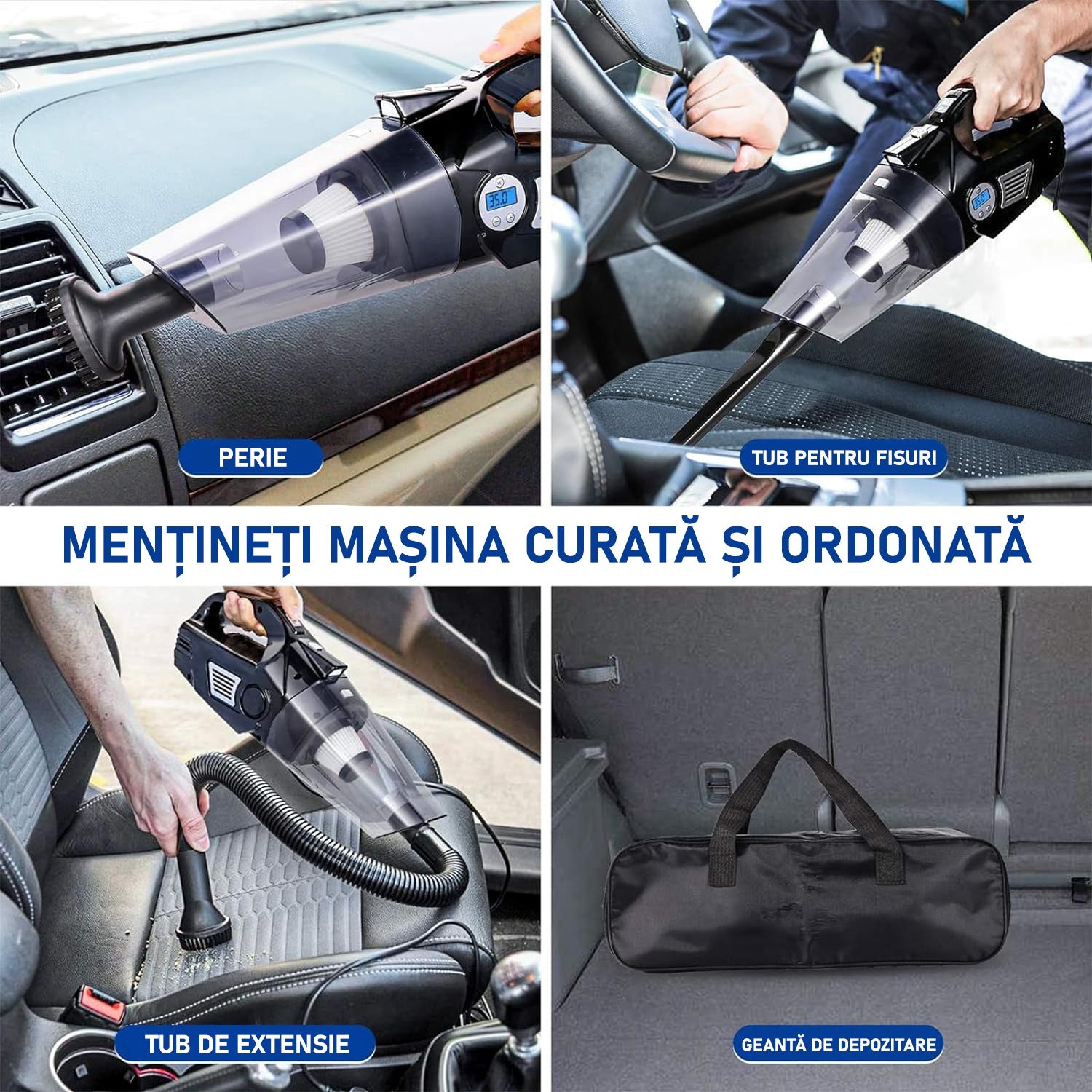 Aspirator Auto si Compresor Portabil Multifunctional cu Acumulator, Functie de Aspirare Umeda si Uscata, Umflare Roti cu – imaginea 2